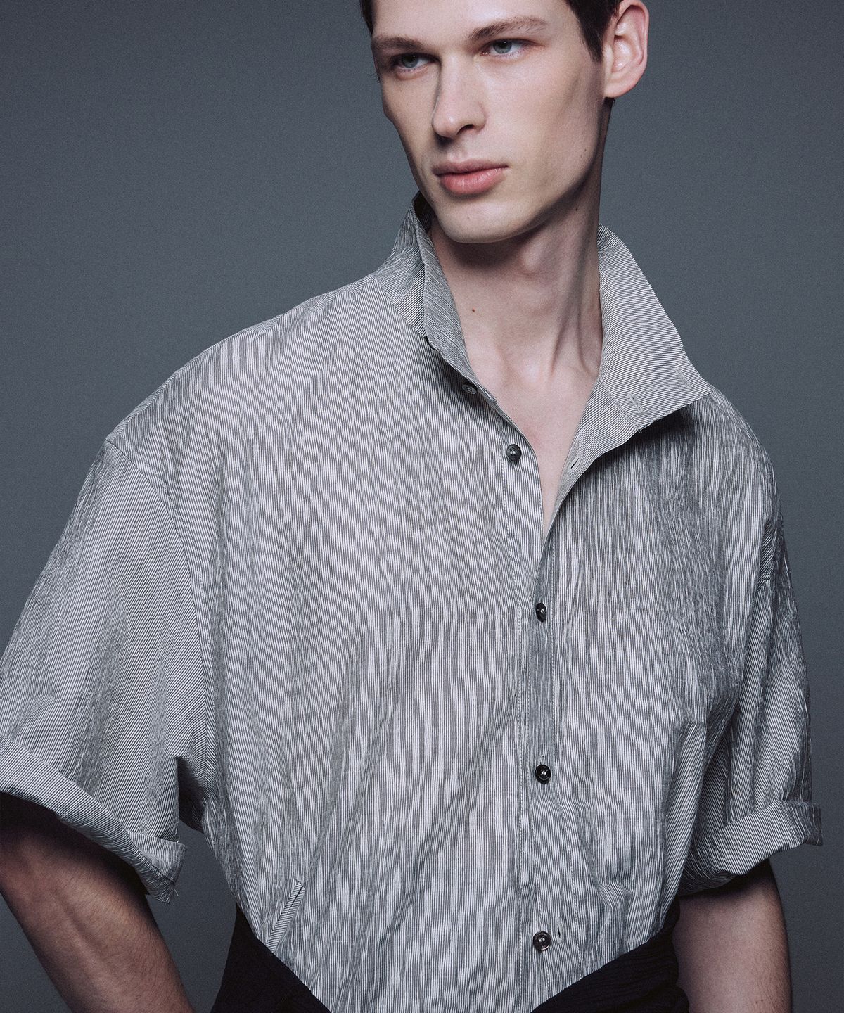 우마뭉(UMARMUNG) Japanese Crinkled Linen Convertible Collared Shirts_Porcelain