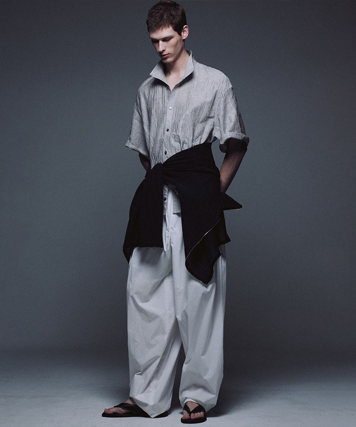 우마뭉(UMARMUNG) Japanese Crinkled Linen Convertible Collared Shirts_Porcelain