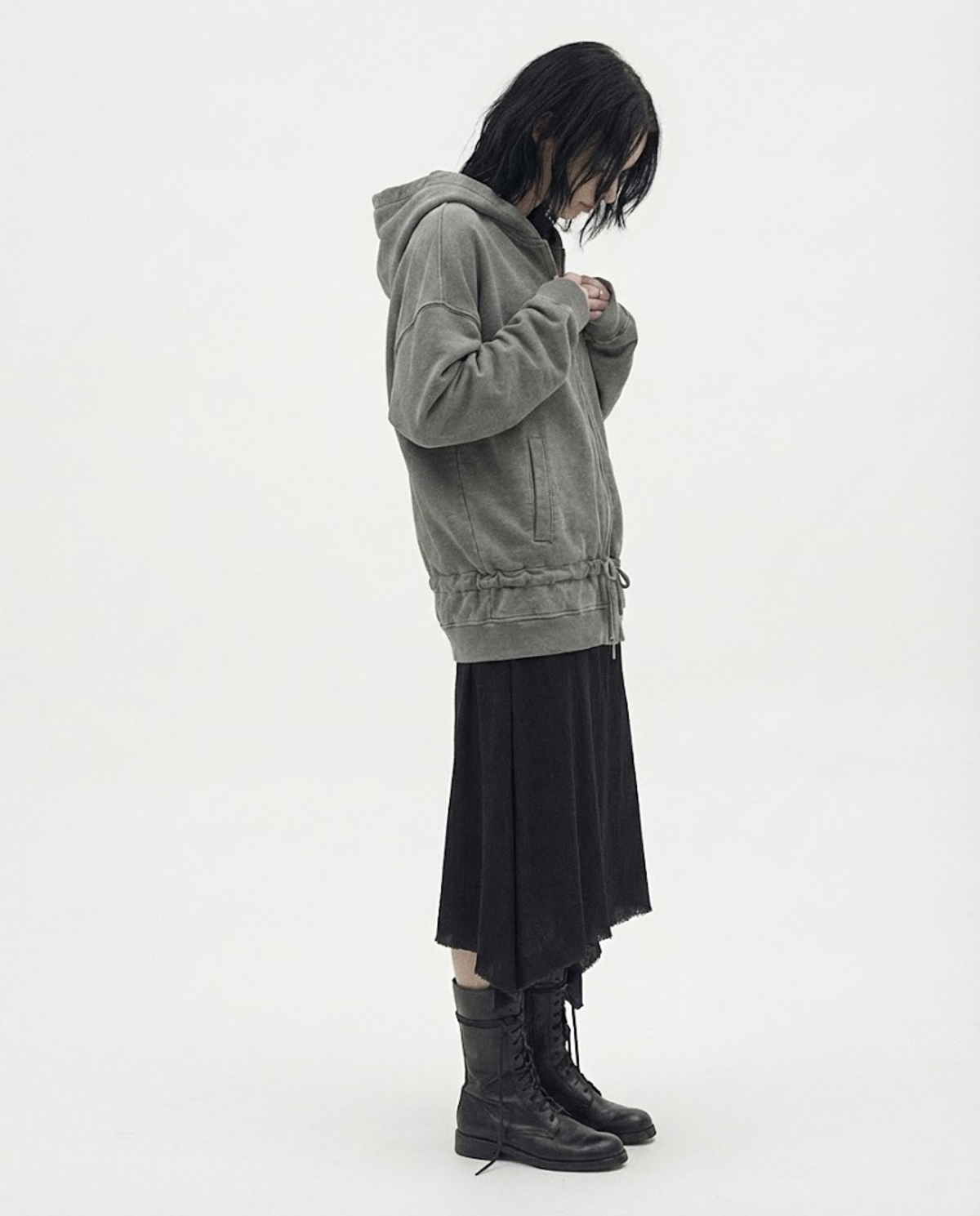 요키토키(YOKI TOKI) DOUBLE HEM DRAWSTRING HOODIE ZIP-UP [Warm Grey]