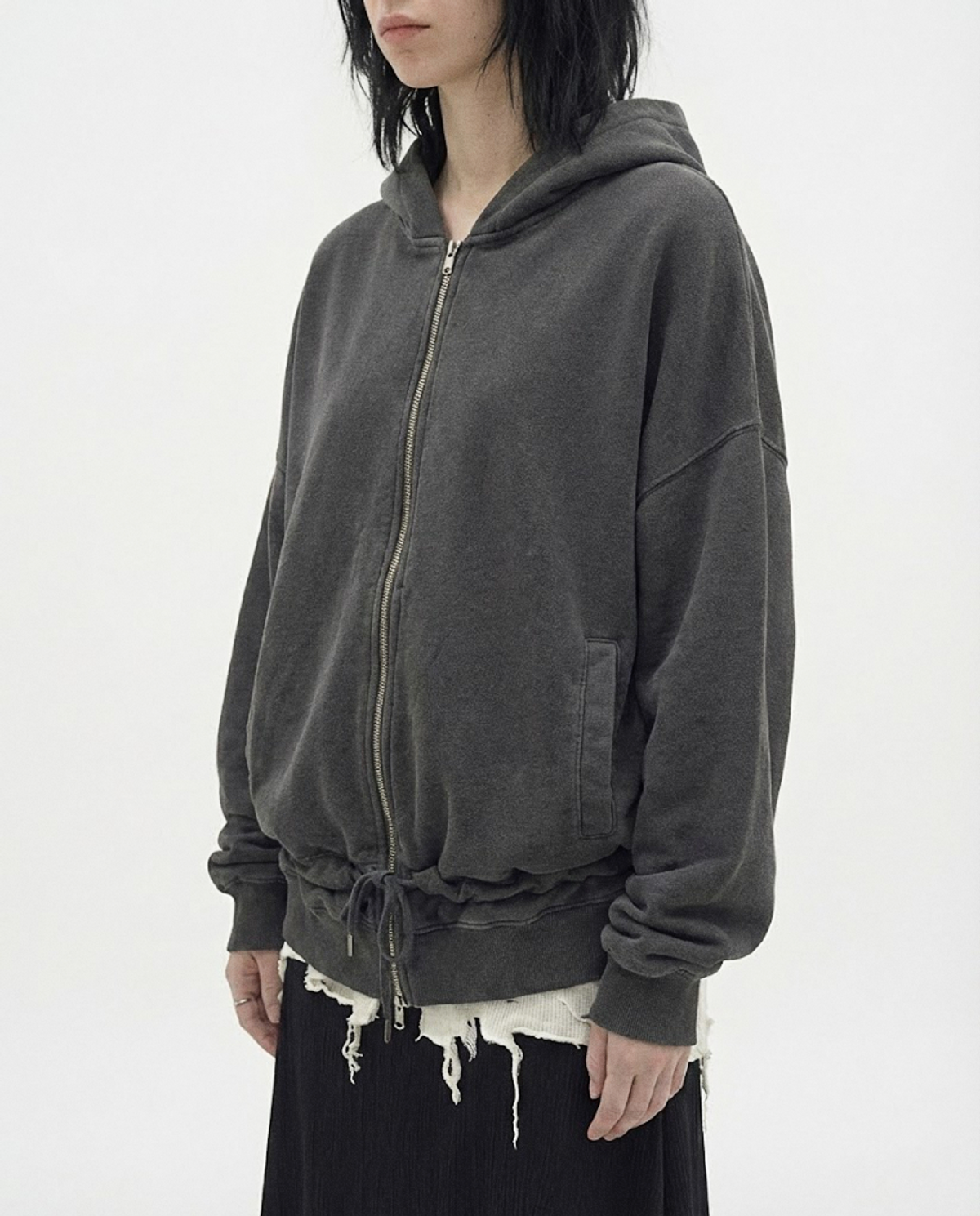 요키토키(YOKI TOKI) DOUBLE HEM DRAWSTRING HOODIE ZIP-UP [Deep Charcoal]