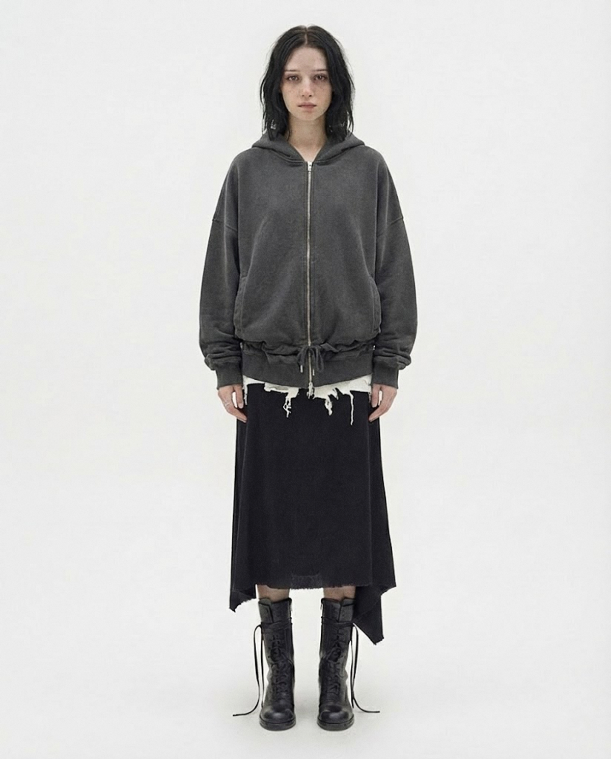 요키토키(YOKI TOKI) DOUBLE HEM DRAWSTRING HOODIE ZIP-UP [Deep Charcoal]
