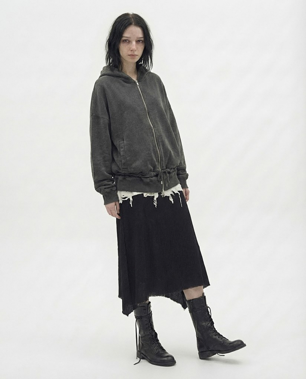 요키토키(YOKI TOKI) DOUBLE HEM DRAWSTRING HOODIE ZIP-UP [Deep Charcoal]