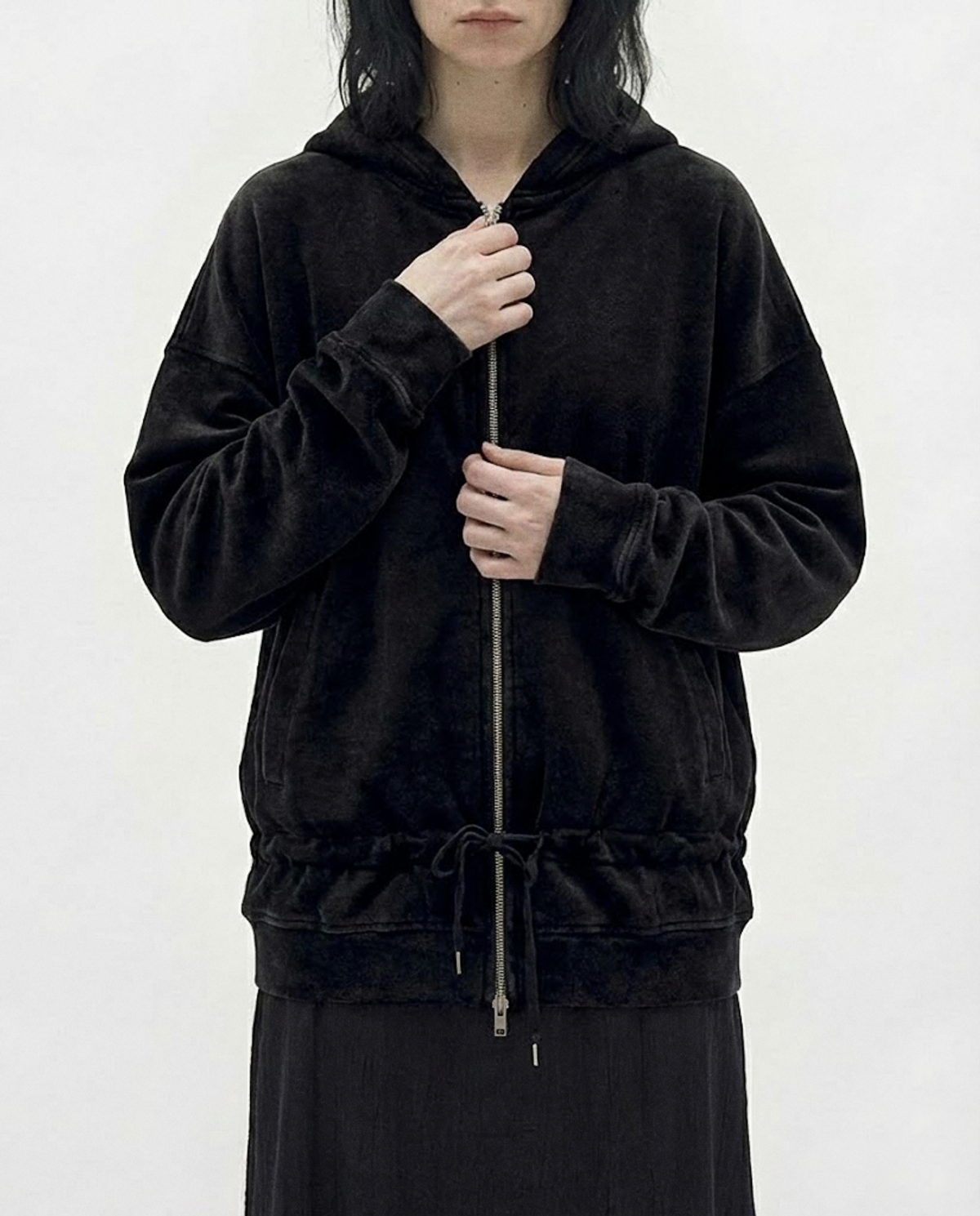 요키토키(YOKI TOKI) DOUBLE HEM DRAWSTRING HOODIE ZIP-UP [Black]