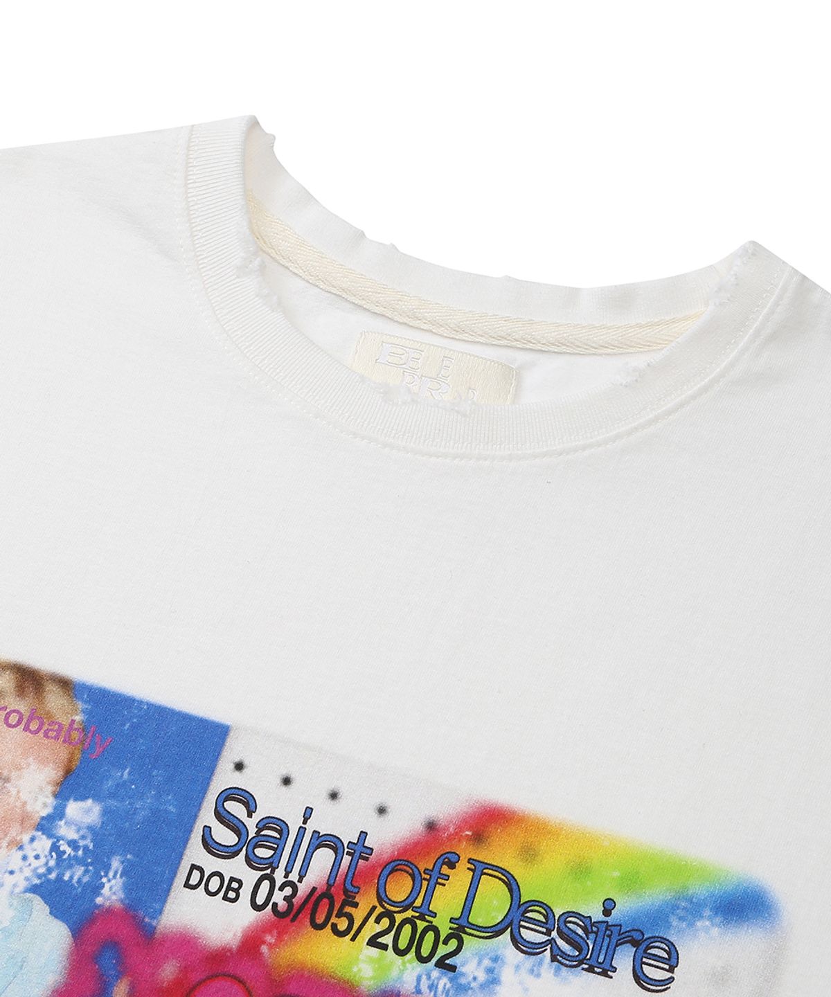 이이이알알알(EEERRR) Saint licence artwork over-crop fit damaged T-shirt (White)