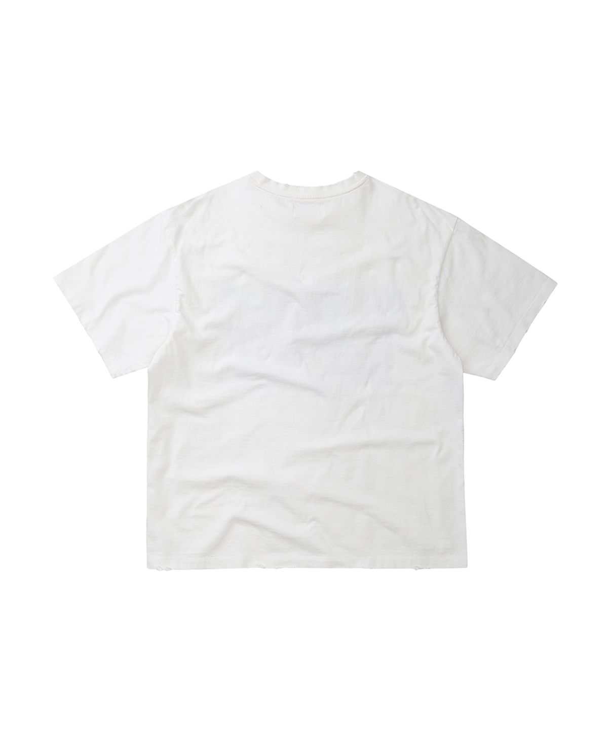 이이이알알알(EEERRR) Saint licence artwork over-crop fit damaged T-shirt (White)