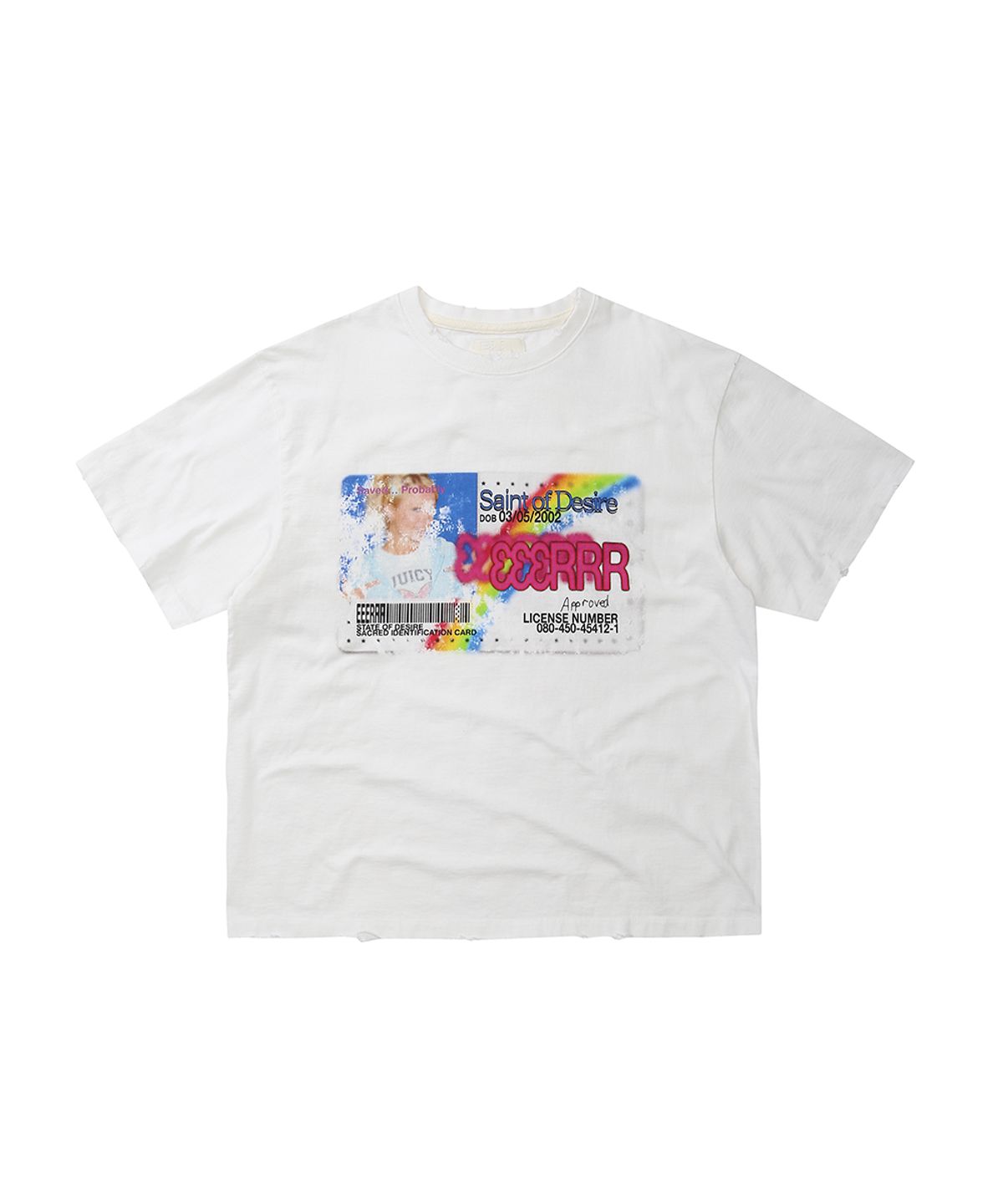 이이이알알알(EEERRR) Saint licence artwork over-crop fit damaged T-shirt (White)