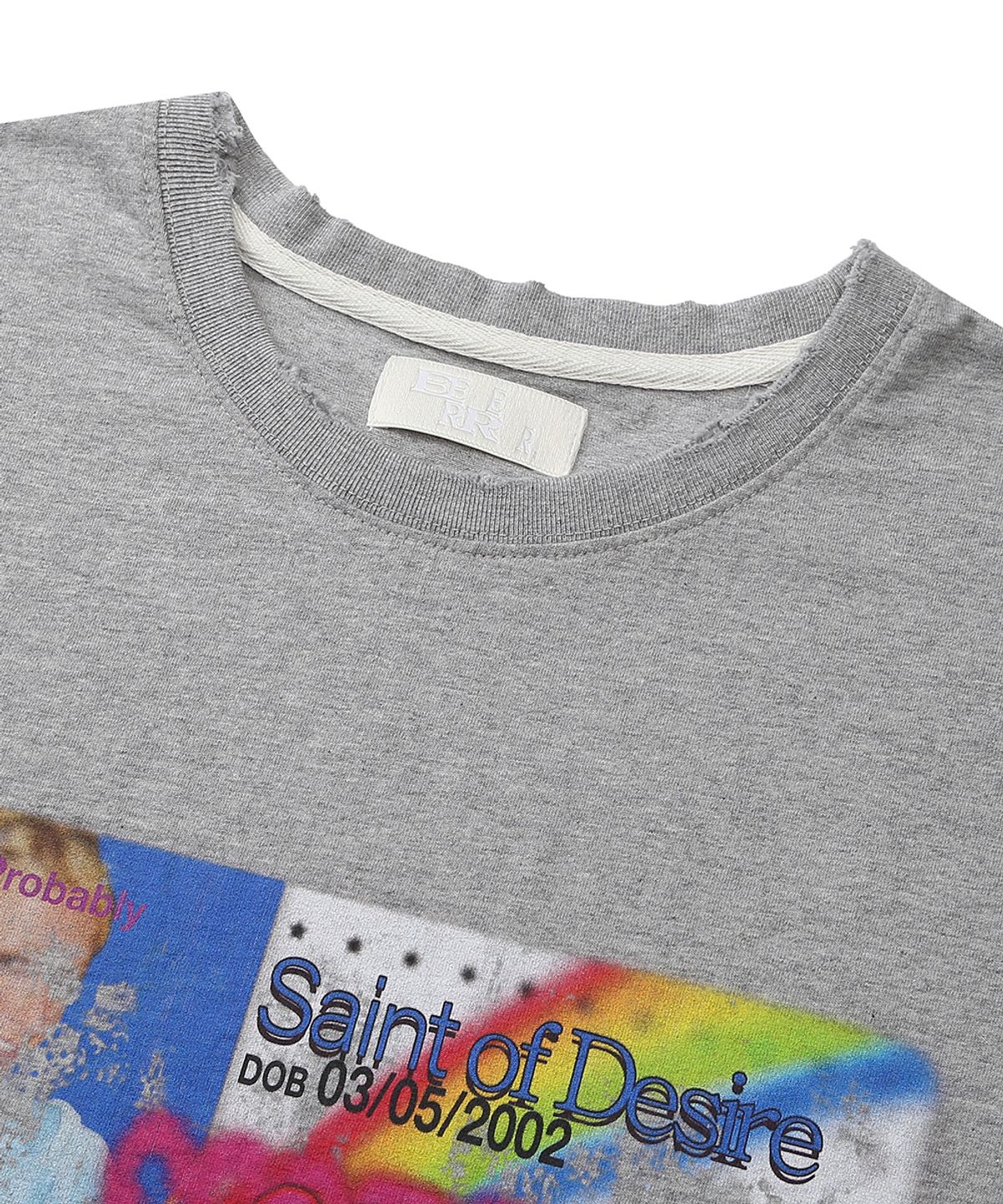 이이이알알알(EEERRR) Saint licence artwork over-crop fit damaged T-shirt (Melange)
