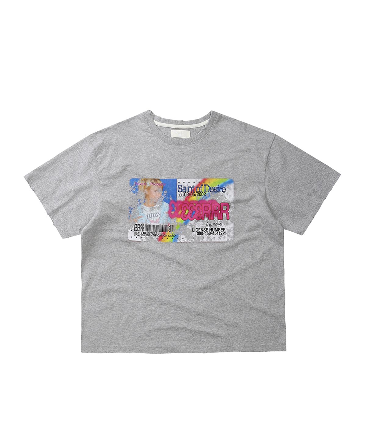 이이이알알알(EEERRR) Saint licence artwork over-crop fit damaged T-shirt (Melange)