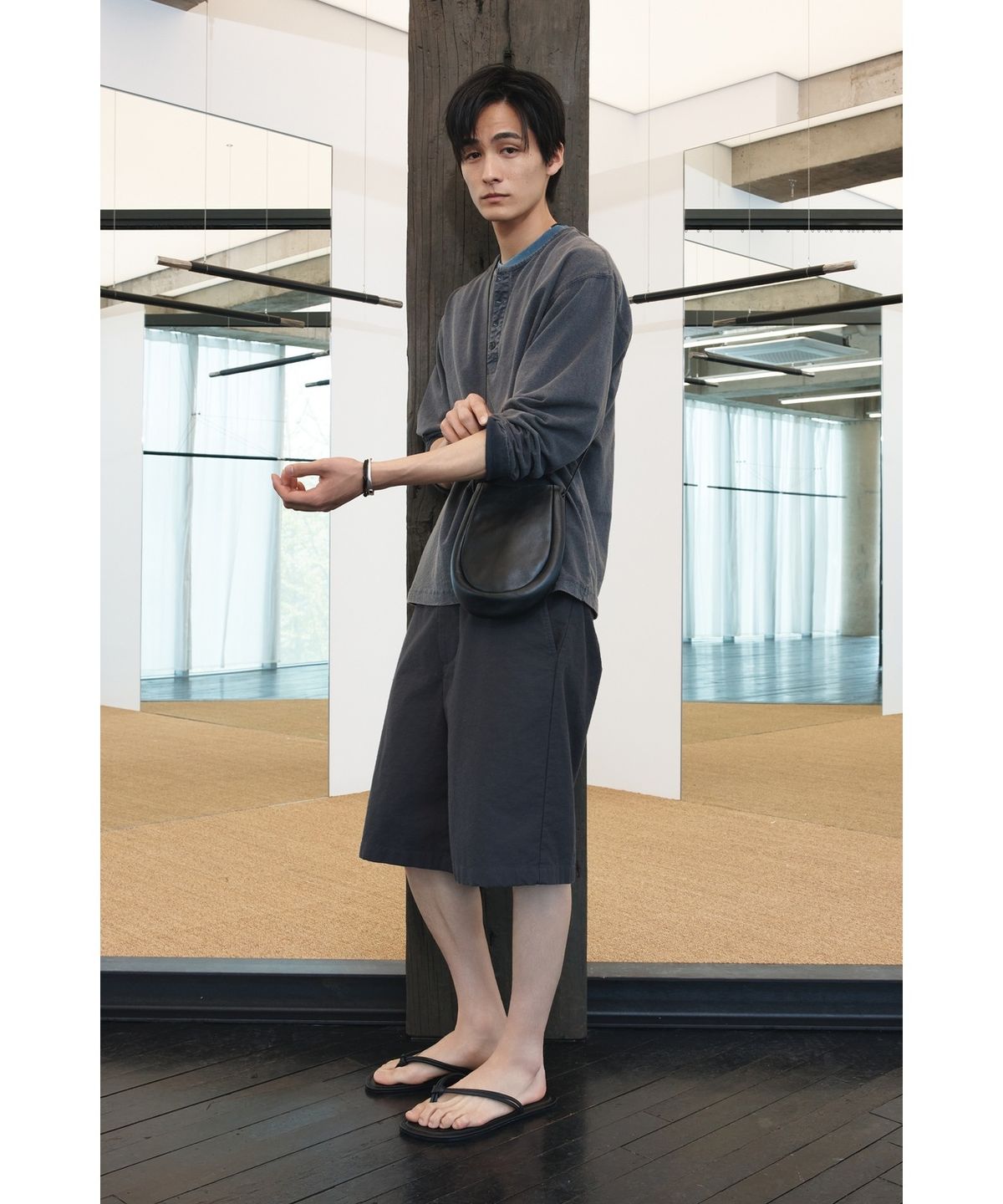 유스(YOUTH) Garment Dyed Henley Neck L/S T-shirt - Charcoal Grey