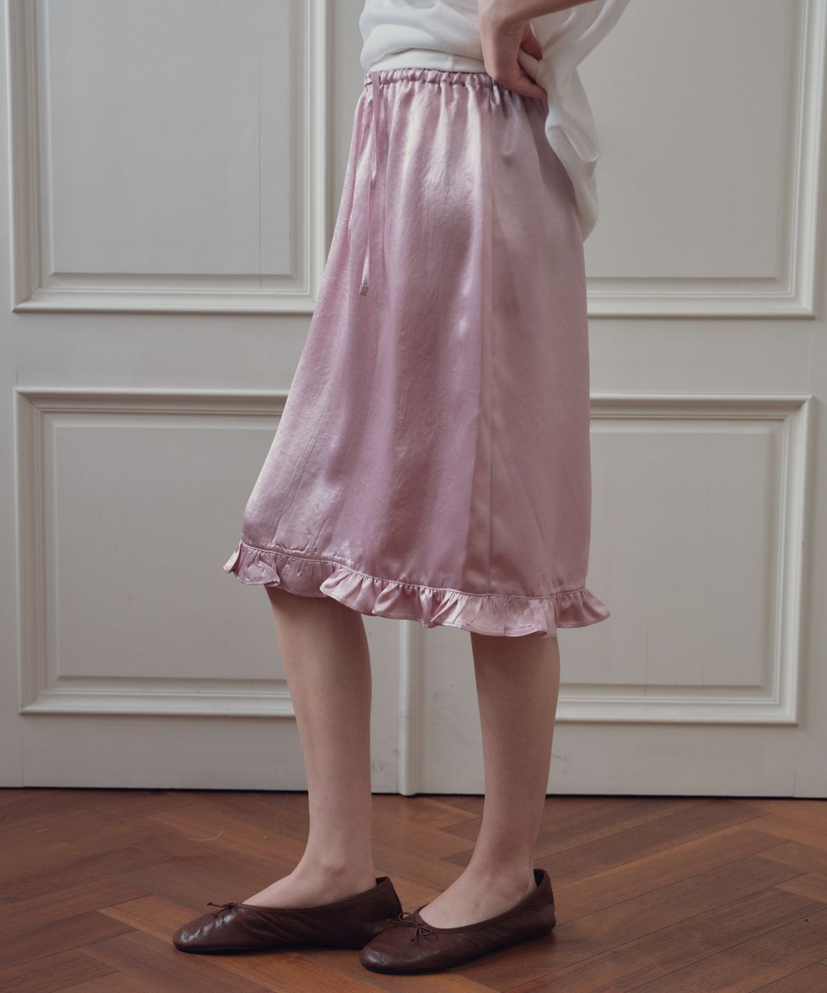 씨타(CITTA) Frill Detail Satin Midi Skirt_CTS630(Pink)