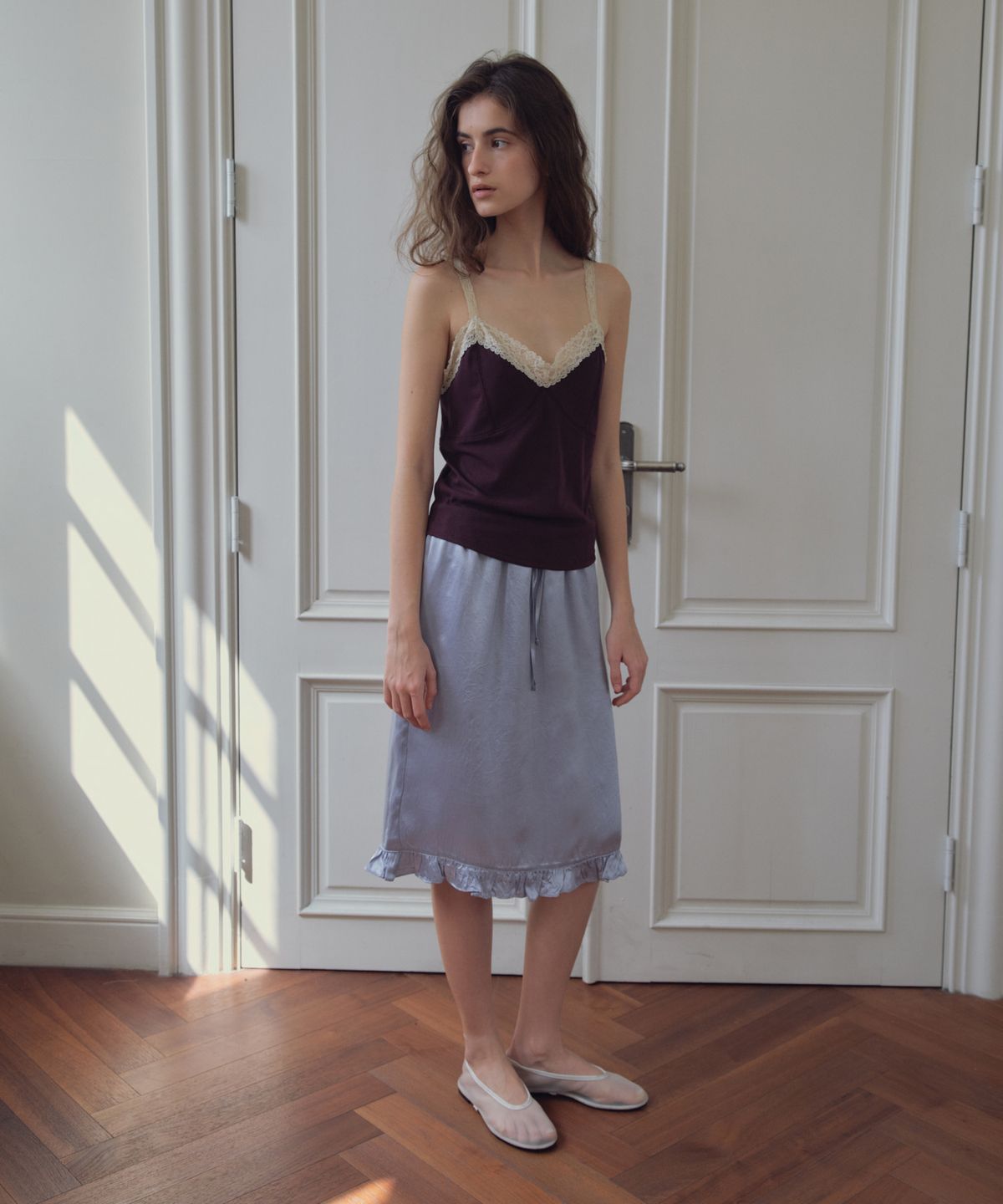 씨타(CITTA) Frill Detail Satin Midi Skirt_CTS630(Blue)