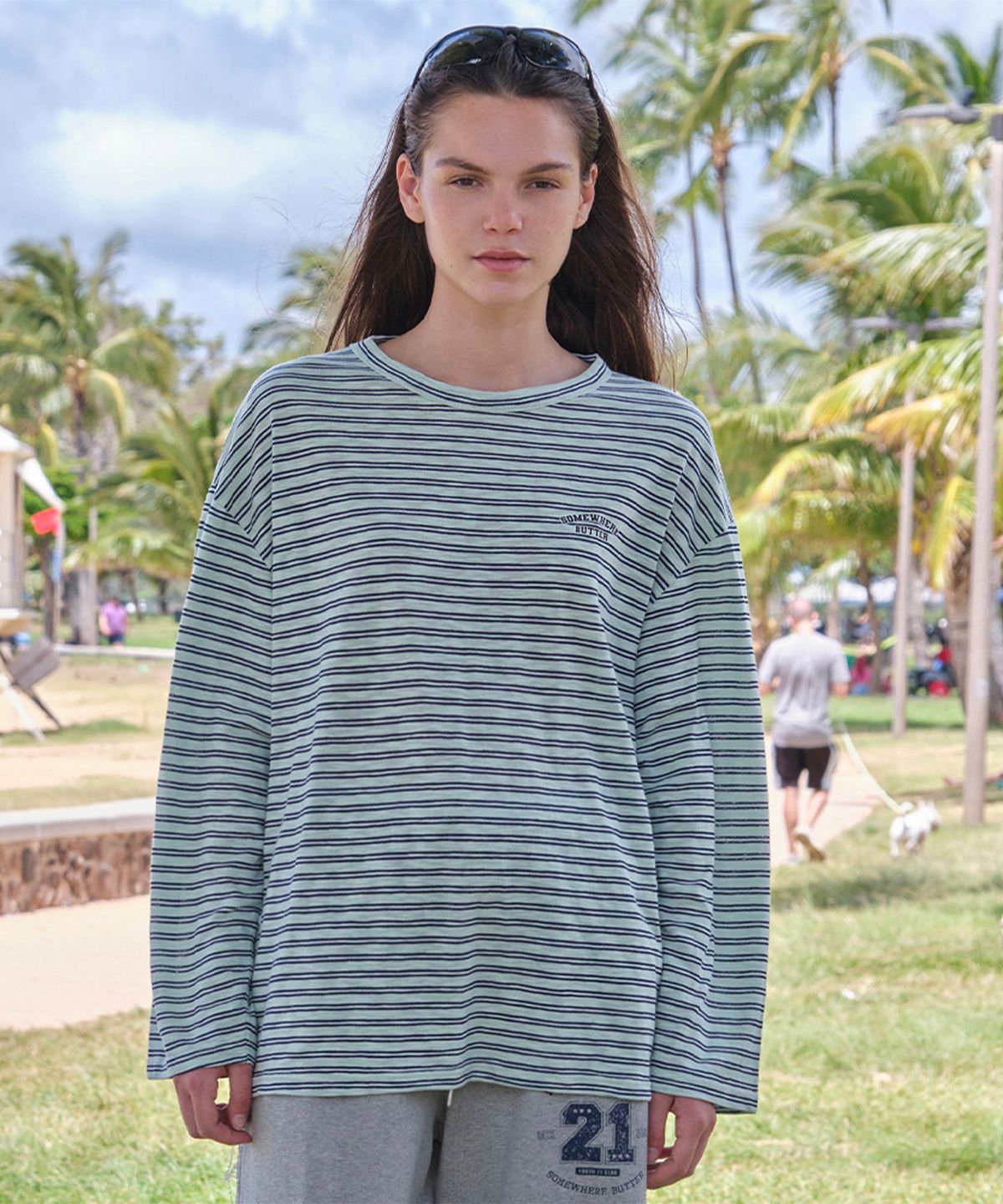 썸웨어버터(SOMEWHEREBUTTER) Sunkiss Stripe Long Top - Mint