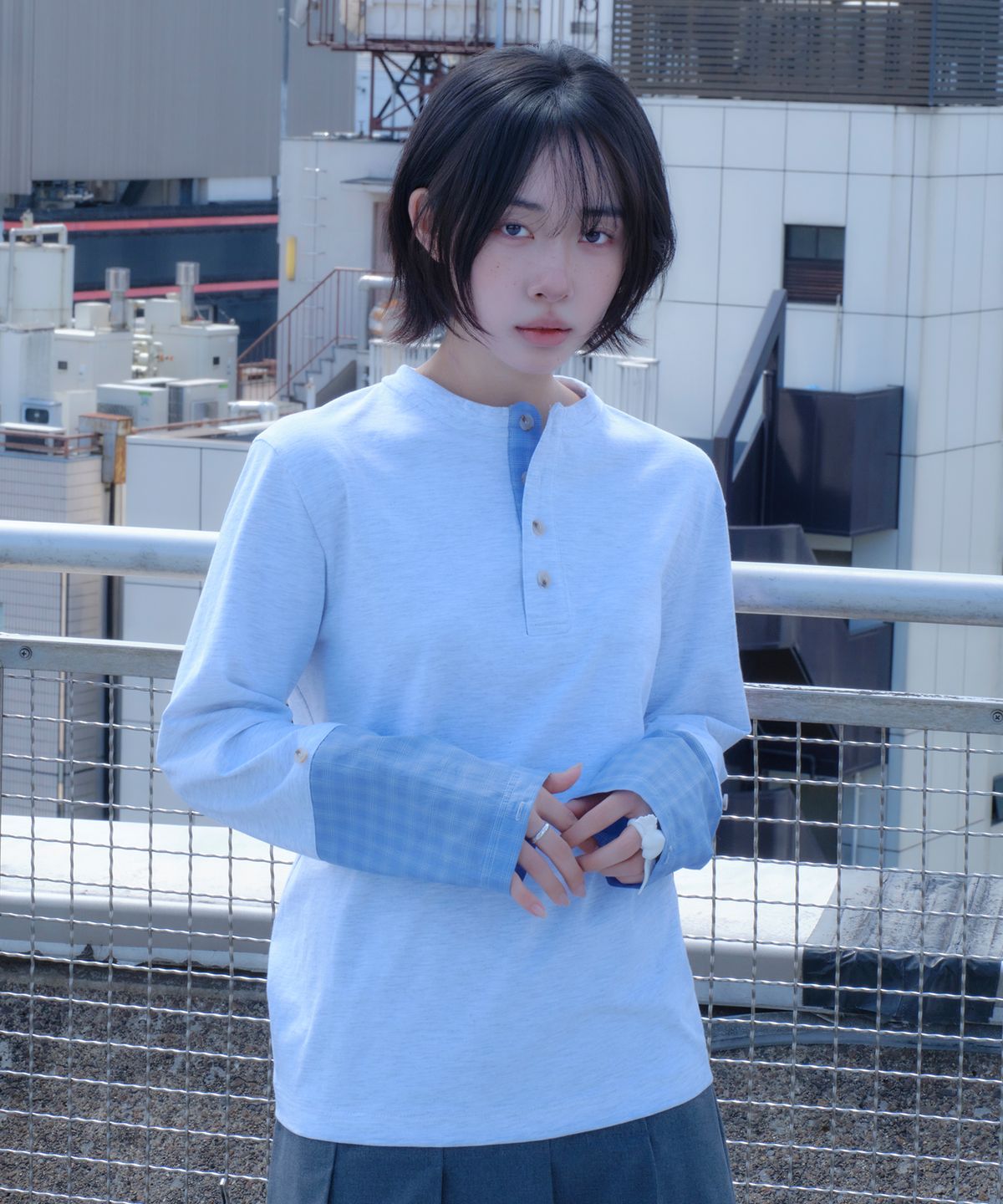 미유키(MIUKI) Miuki Oversized Henley LS (W/Melange Gray)