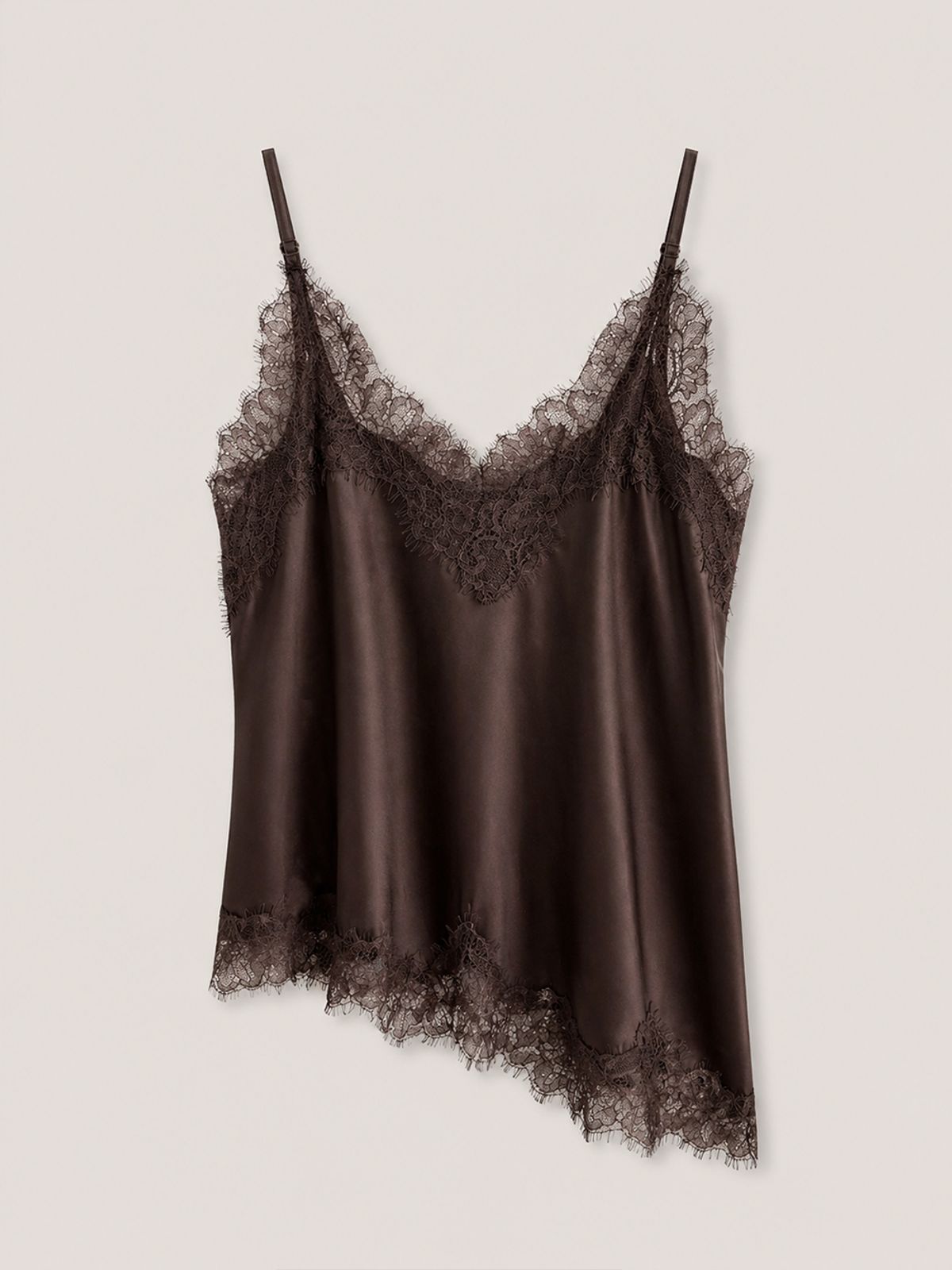 320쇼룸(320SHOWROOM) Lace Trim Satin Slip Top Brown