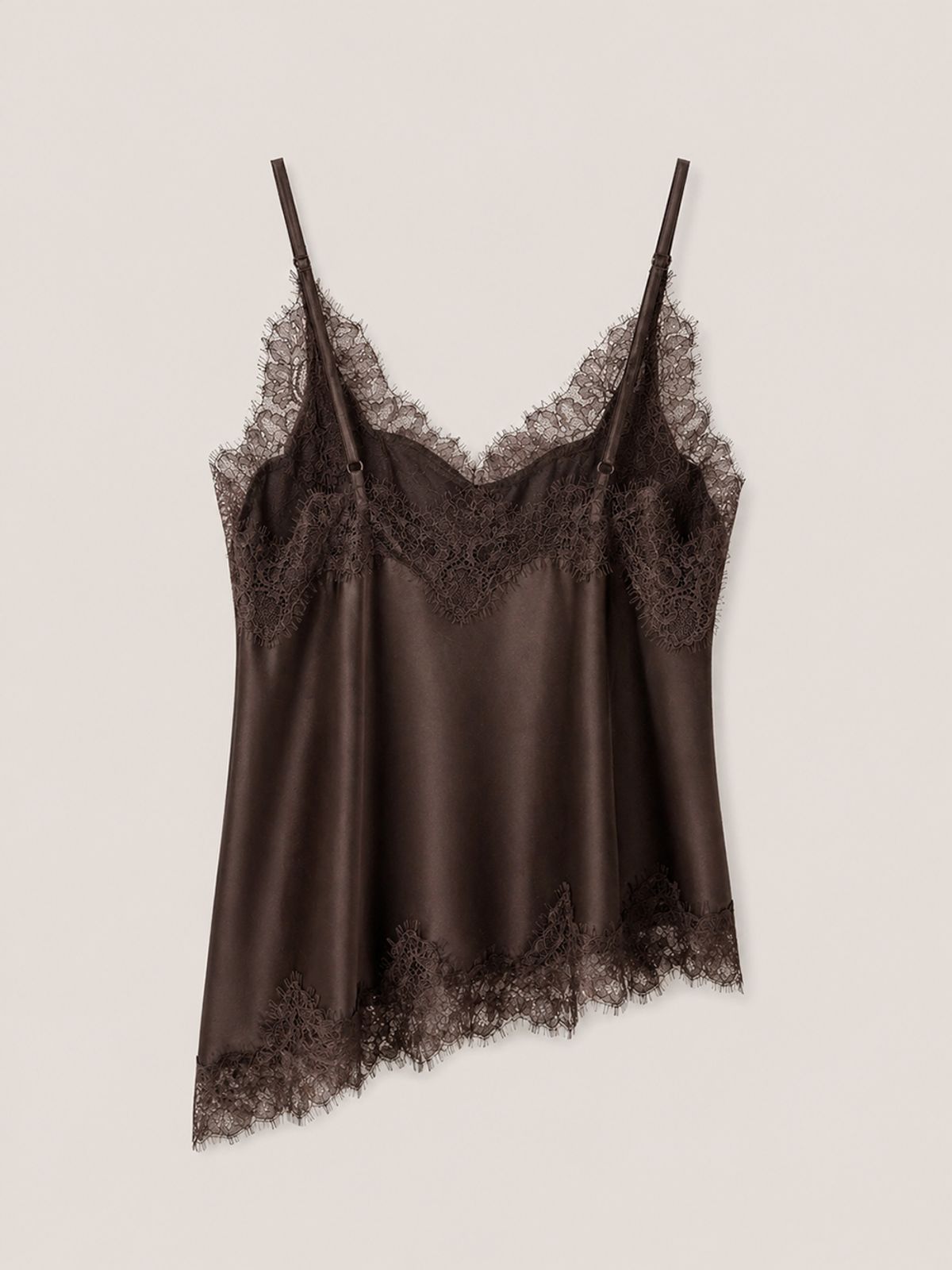 320쇼룸(320SHOWROOM) Lace Trim Satin Slip Top Brown