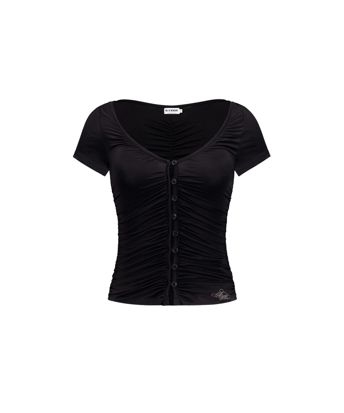 이와이이알(EYEER) V-Neck Shirring Button Short Sleeve Top - Black