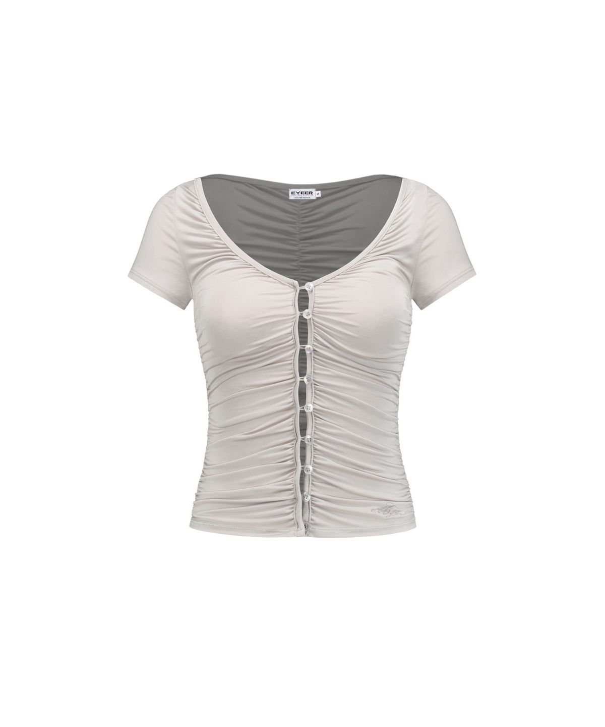이와이이알(EYEER) V-Neck Shirring Button Short Sleeve Top - Gray