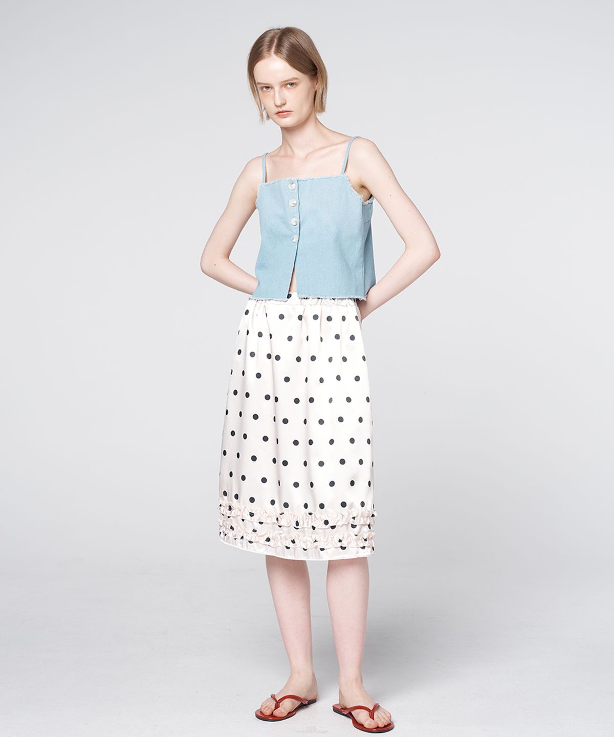 320쇼룸(320SHOWROOM) Polka Dot Satin Ruffle Elastic Waist Skirt Ivory