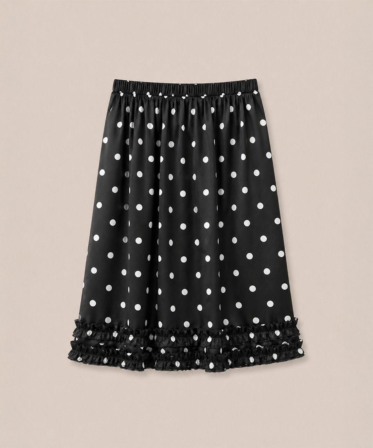 320쇼룸(320SHOWROOM) Polka Dot Satin Ruffle Elastic Waist Skirt Black