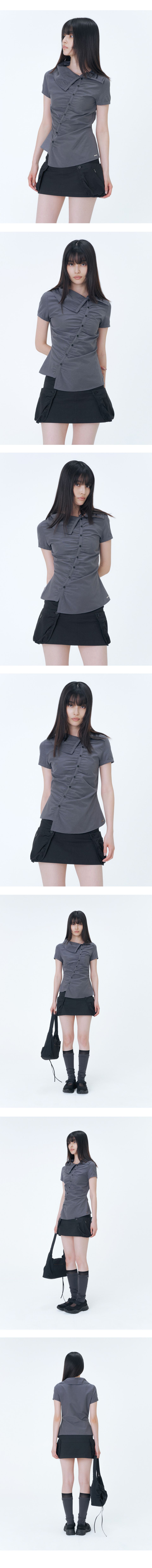 MUSINSA | MISEKI SEOUL High neck shirring button shirt CHARCOAL