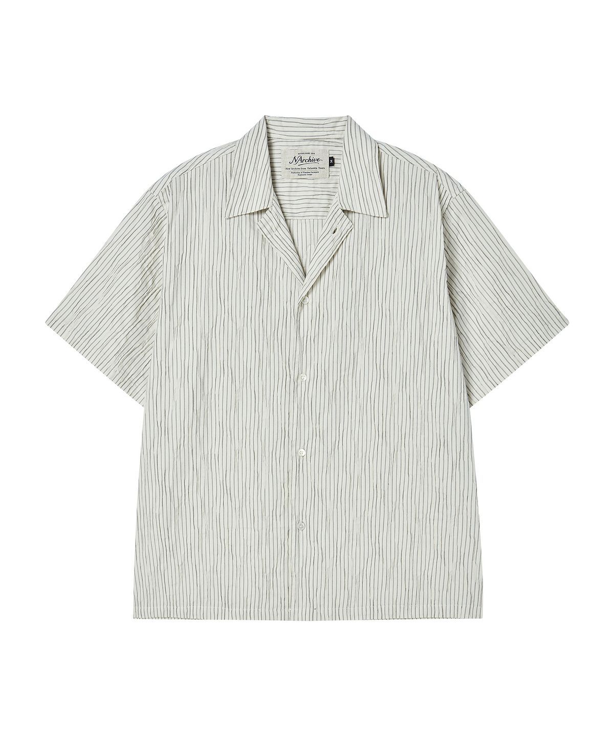 비욘드클로젯(BEYOND CLOSET) [COLLECTION LINE] 에어리 핸드 메이드 스트라이프 오픈 카라 반팔 셔츠 아이보리