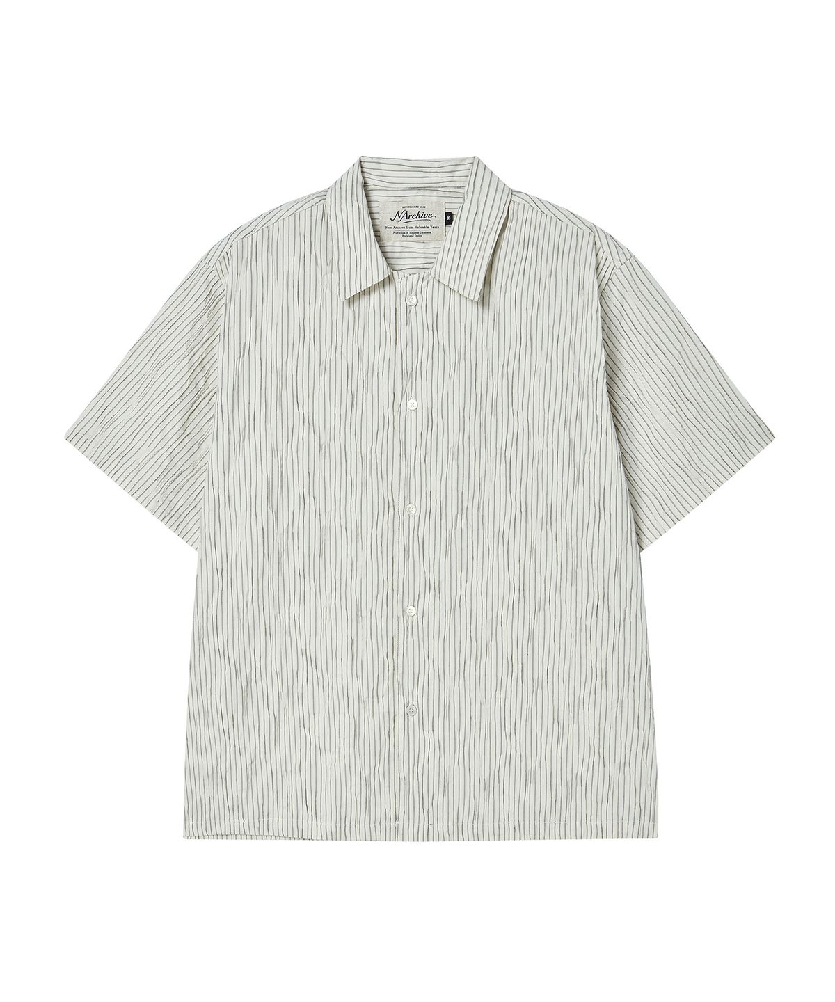 비욘드클로젯(BEYOND CLOSET) [COLLECTION LINE] 에어리 핸드 메이드 스트라이프 오픈 카라 반팔 셔츠 아이보리