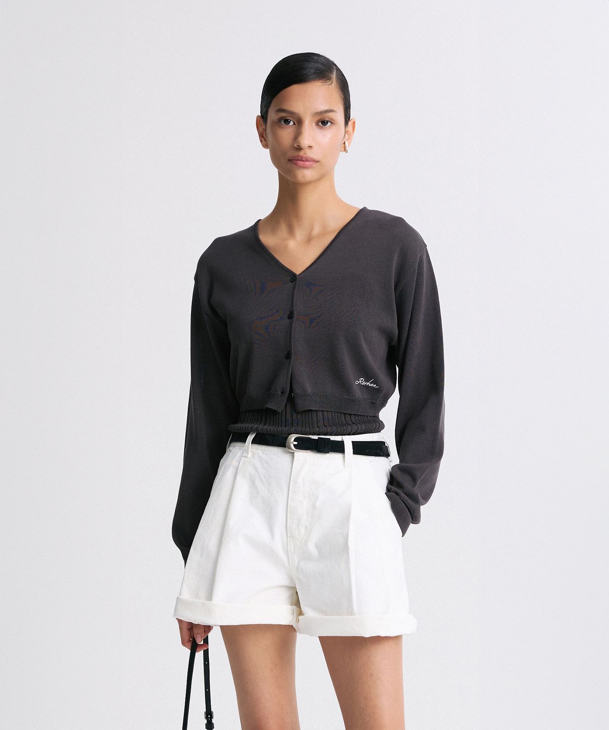 리이(RE RHEE) V-NECK CROPPED KNIT CARDIGAN CHARCOAL