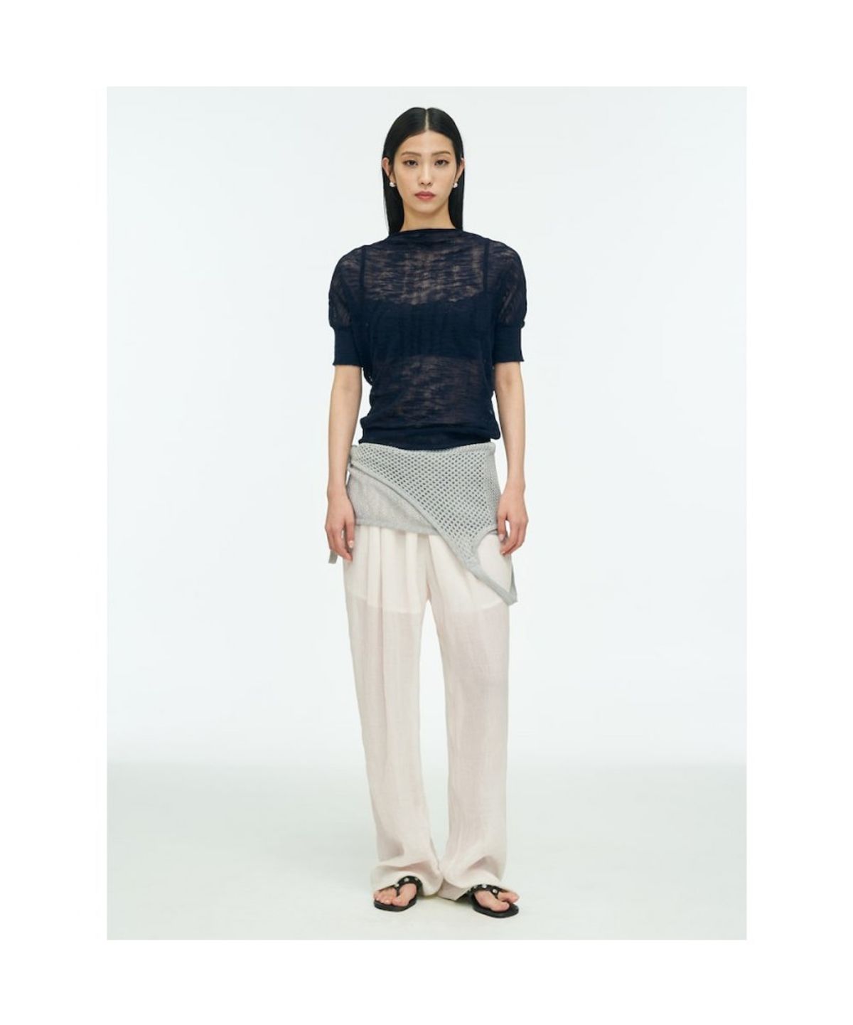 앙개(ANGGAE) Wave Knit Half Sleeve Top  Navy