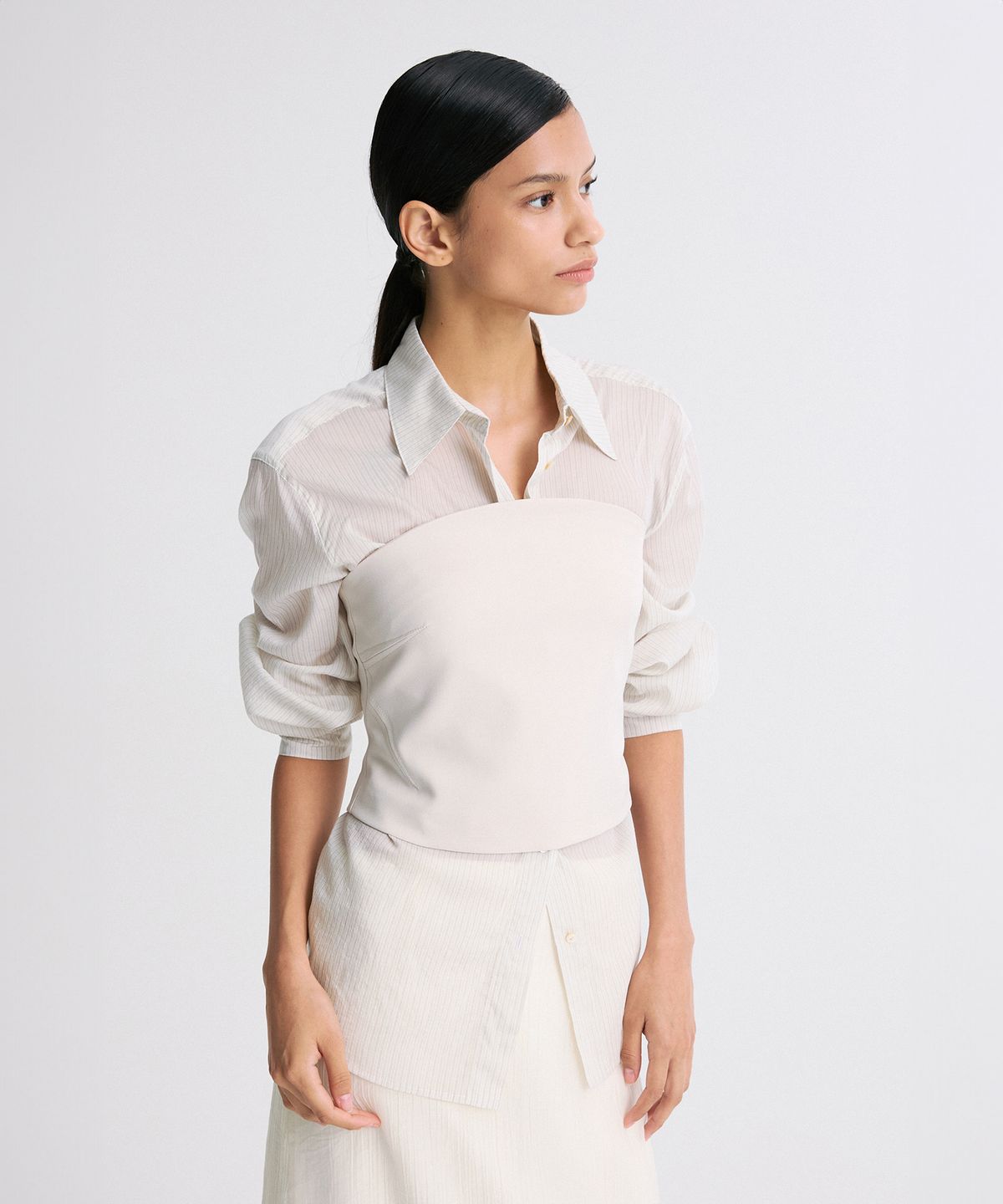 리이(RE RHEE) SHEER STRIPED SHIRT BEIGE STRIPE