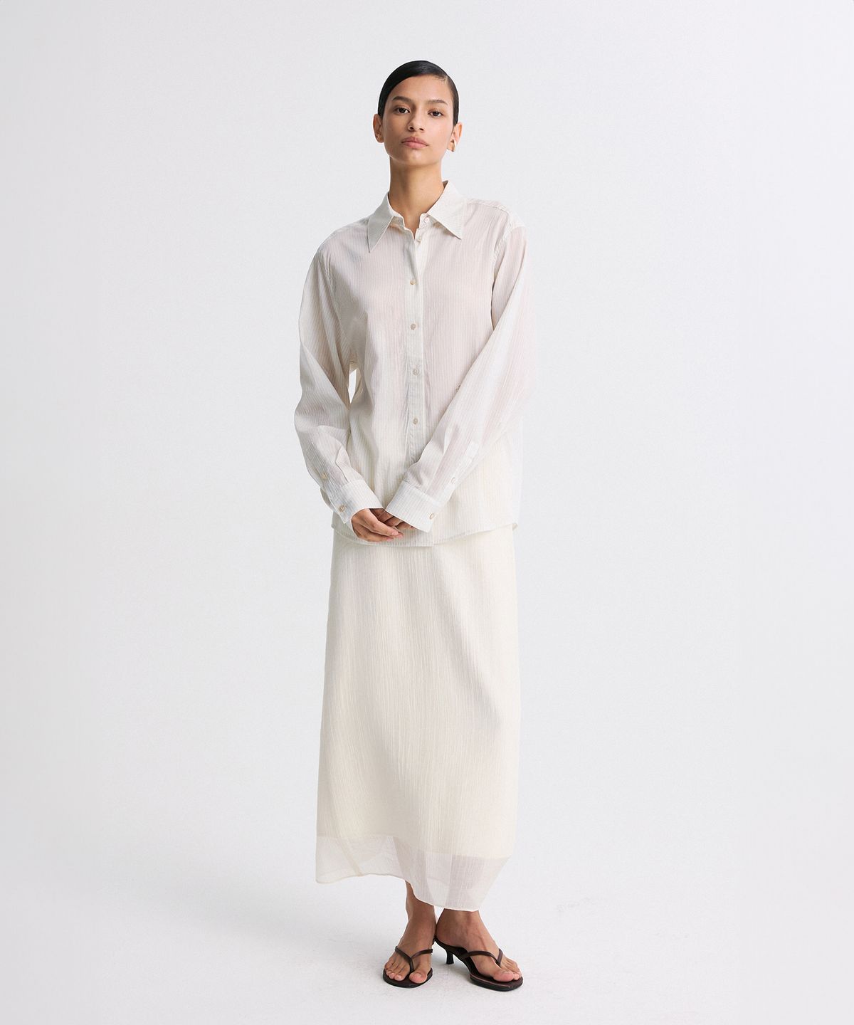 리이(RE RHEE) SHEER STRIPED SHIRT BEIGE STRIPE