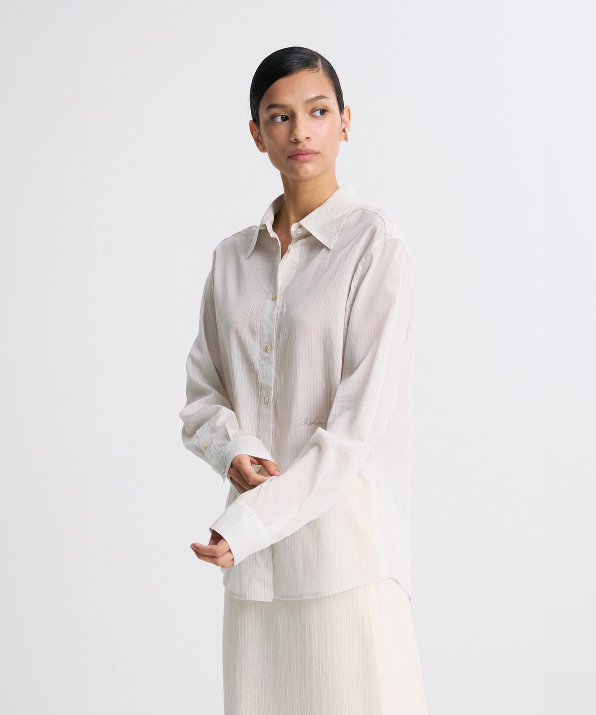 리이(RE RHEE) SHEER STRIPED SHIRT BEIGE STRIPE