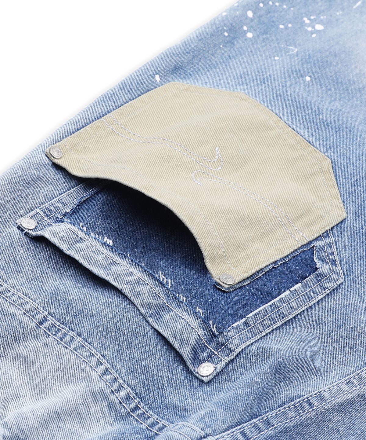 엑스톤즈(XTONZ) XP335 리페어 페인팅 버뮤다 데님 팬츠 (BLUE)