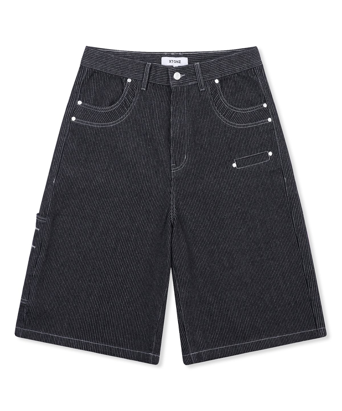 엑스톤즈(XTONZ) XP337 자카드 스트라이프 버뮤다 데님 팬츠 (BLACK)