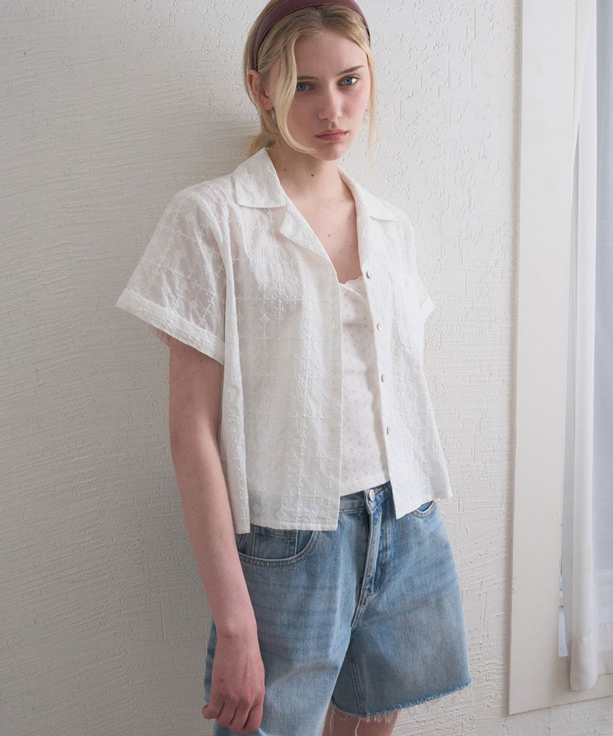 헤인트(HAINT) HALE PUNCHING OPEN COLLAR HALF SHIRT_IVORY