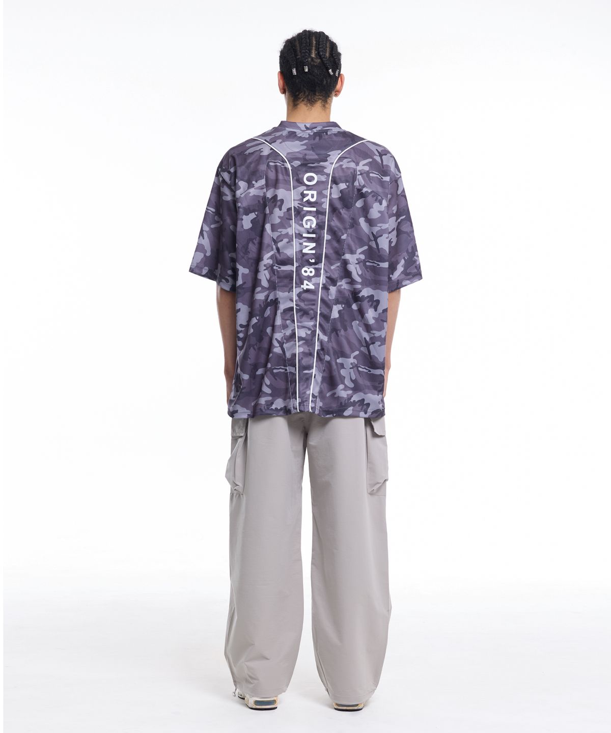 크림소다랩(CREAM SODA LAB) 카모 메쉬 파이핑 오버핏 브이넥 반팔 티셔츠 차콜
