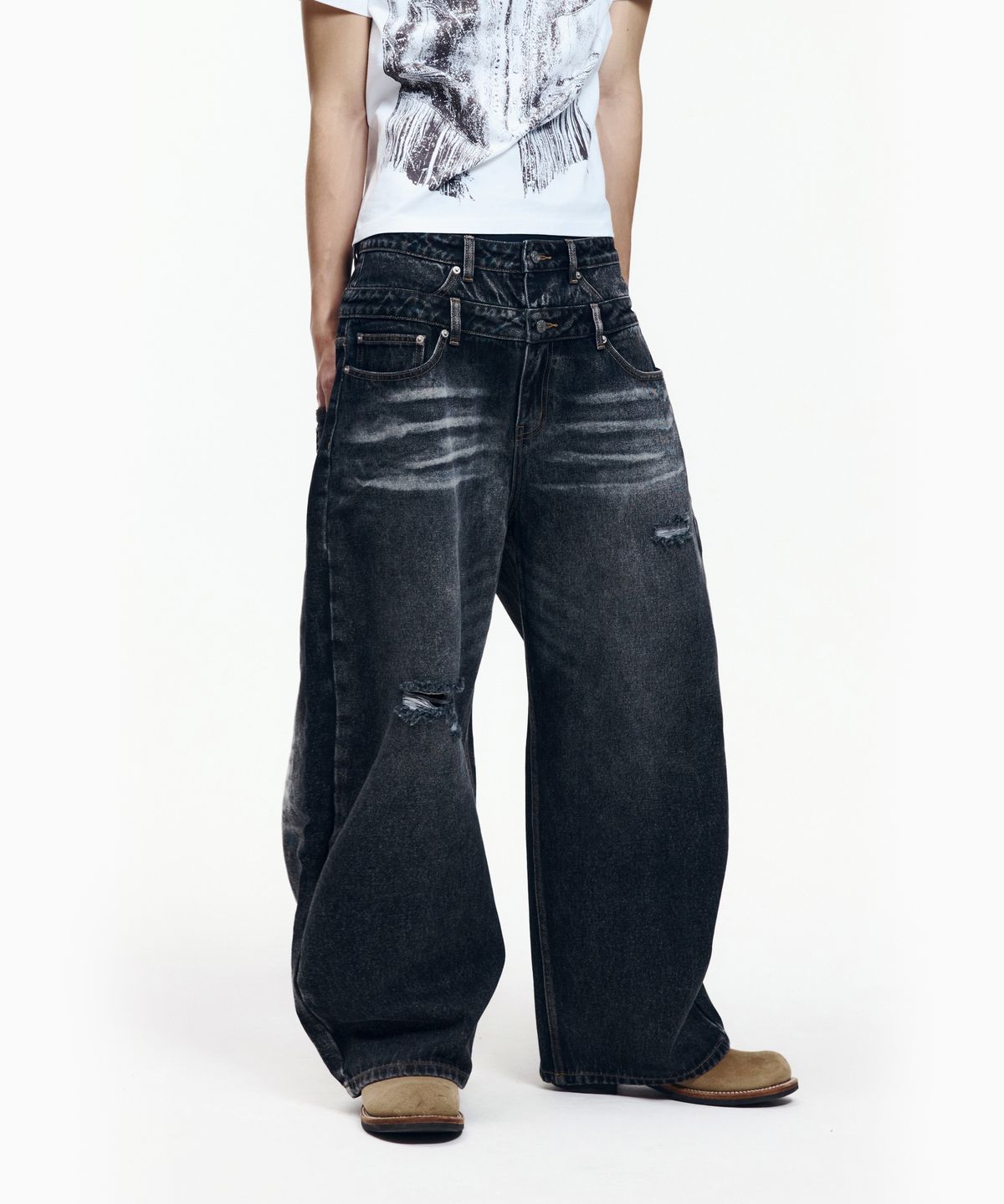 아캄(AAKAM) Double Layer Denim Pants (Black)