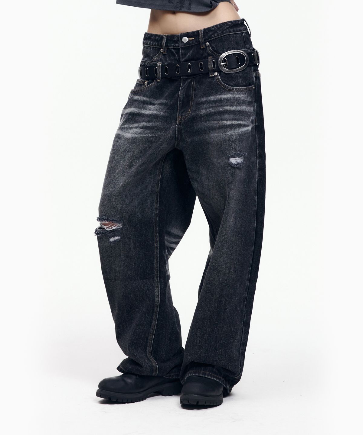 아캄(AAKAM) Double Layer Denim Pants (Black)