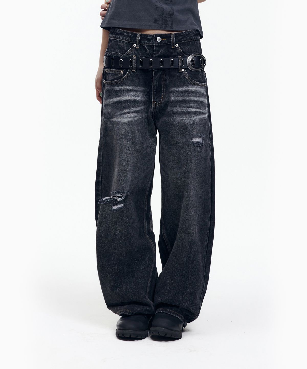 아캄(AAKAM) Double Layer Denim Pants (Black)