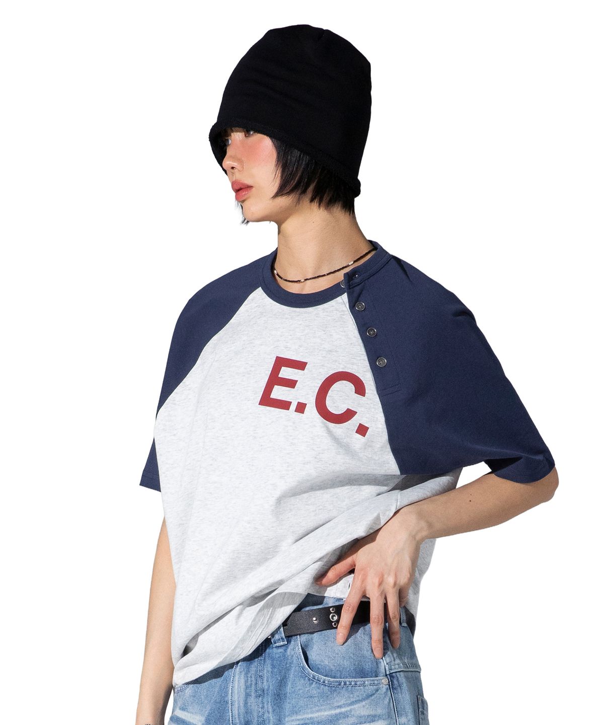 엑스톤즈(XTONZ) XTT160 E.C 헨리넥 래글런 티셔츠 (NAVY/GRAY)