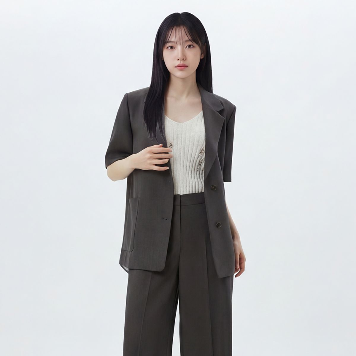 랩(LAP) 뒷트임 배색 반팔 자켓 AS2WJ463