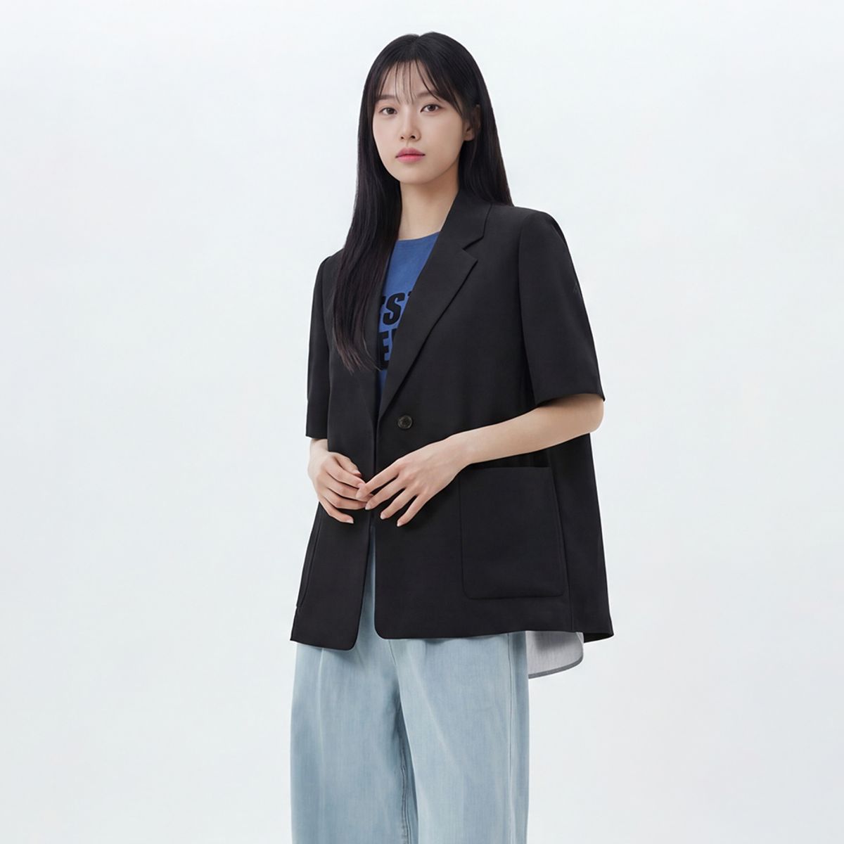 랩(LAP) 뒷트임 배색 반팔 자켓 AS2WJ463