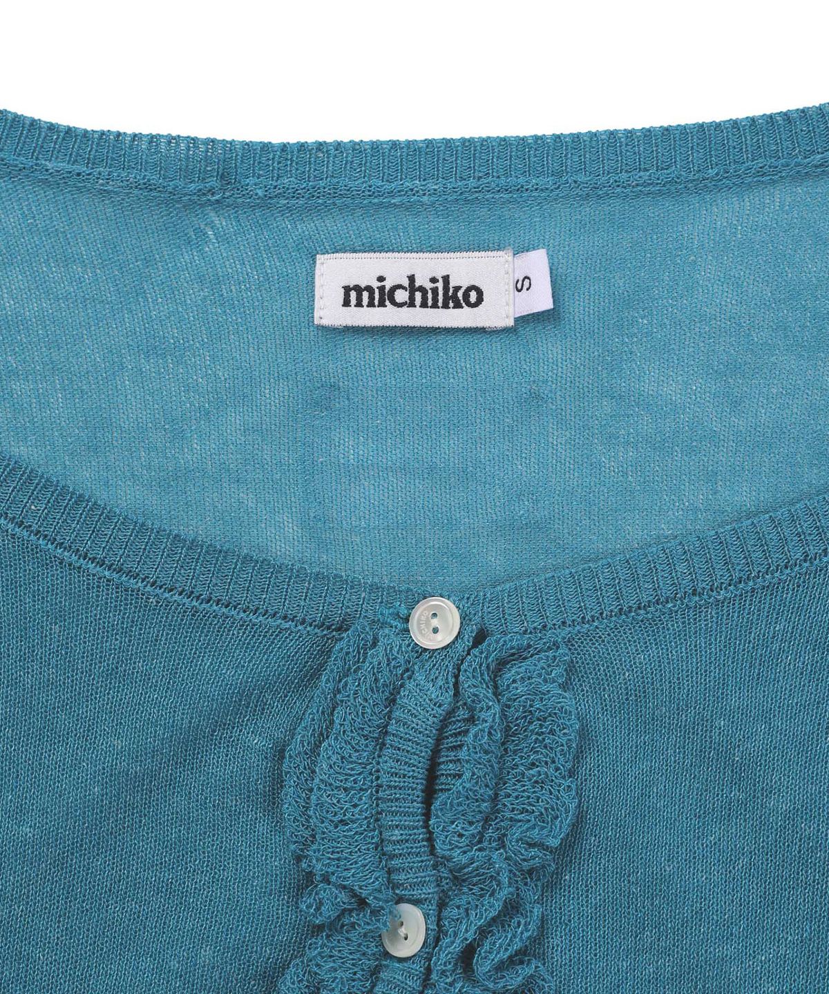 미치코런던 코시노(MICHIKO LONDON KOSHINO) 러플 오프숄더 가디건 틸 블루