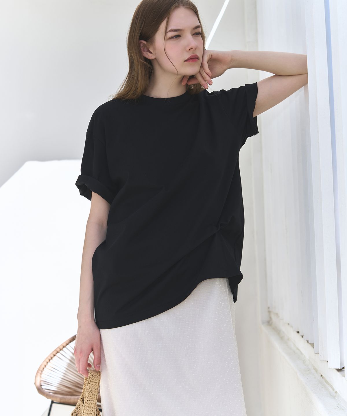 드로우핏 우먼(DRAWFIT WOMEN) 수피마 실켓 오버핏 반팔 티셔츠 [BLACK]