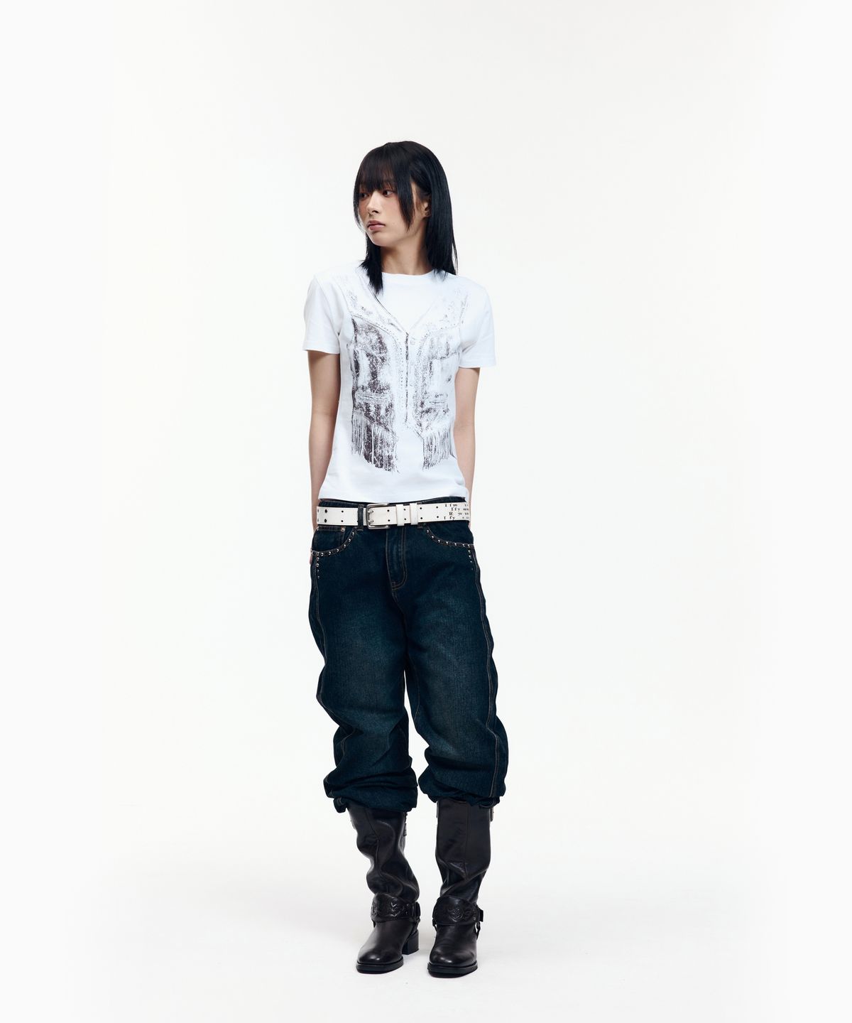 아캄(AAKAM) Western Vest Half Top (White)
