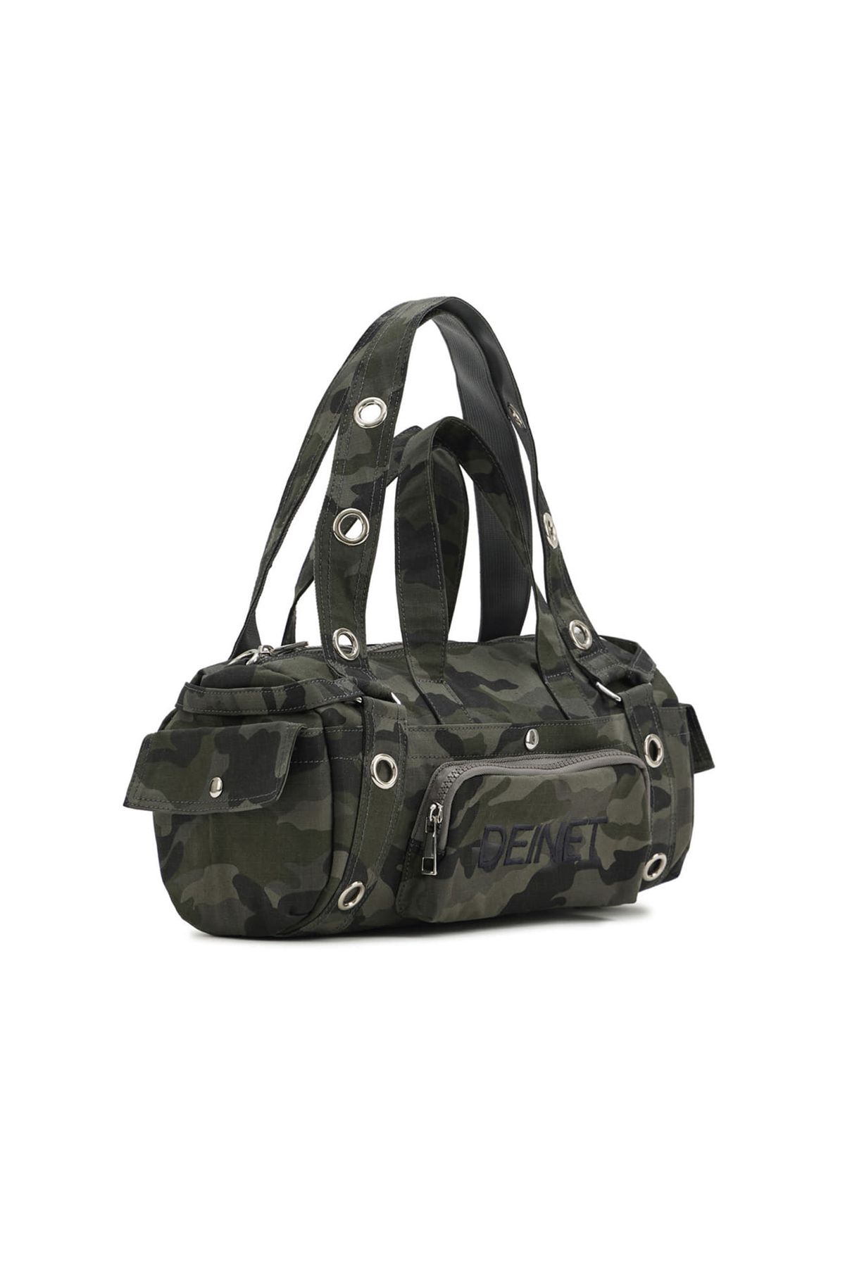 다이닛(DEINET) EYELET CAMOUFLAGE MINI DUFFLE BAG IN CHARCOAL
