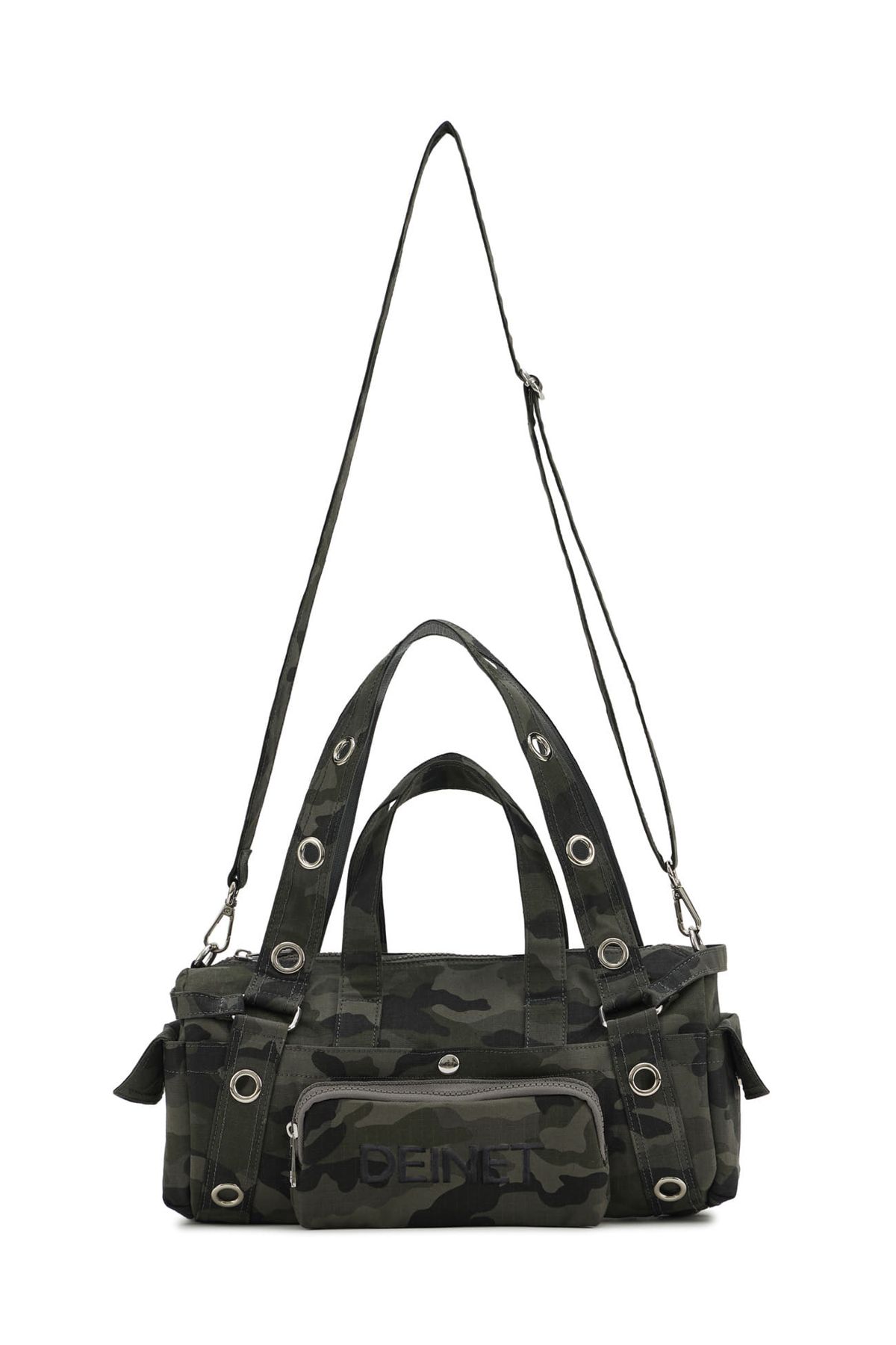 다이닛(DEINET) EYELET CAMOUFLAGE MINI DUFFLE BAG IN CHARCOAL