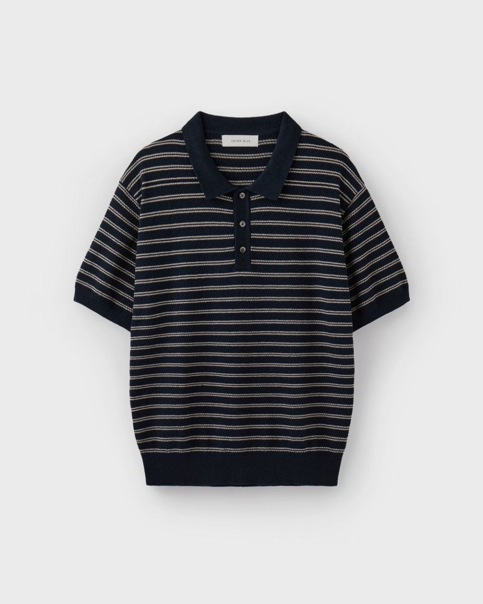 MUSINSA | UNION BLUE HARD TWIST 2LINE STRIPE POLO KNIT [BEIGE]