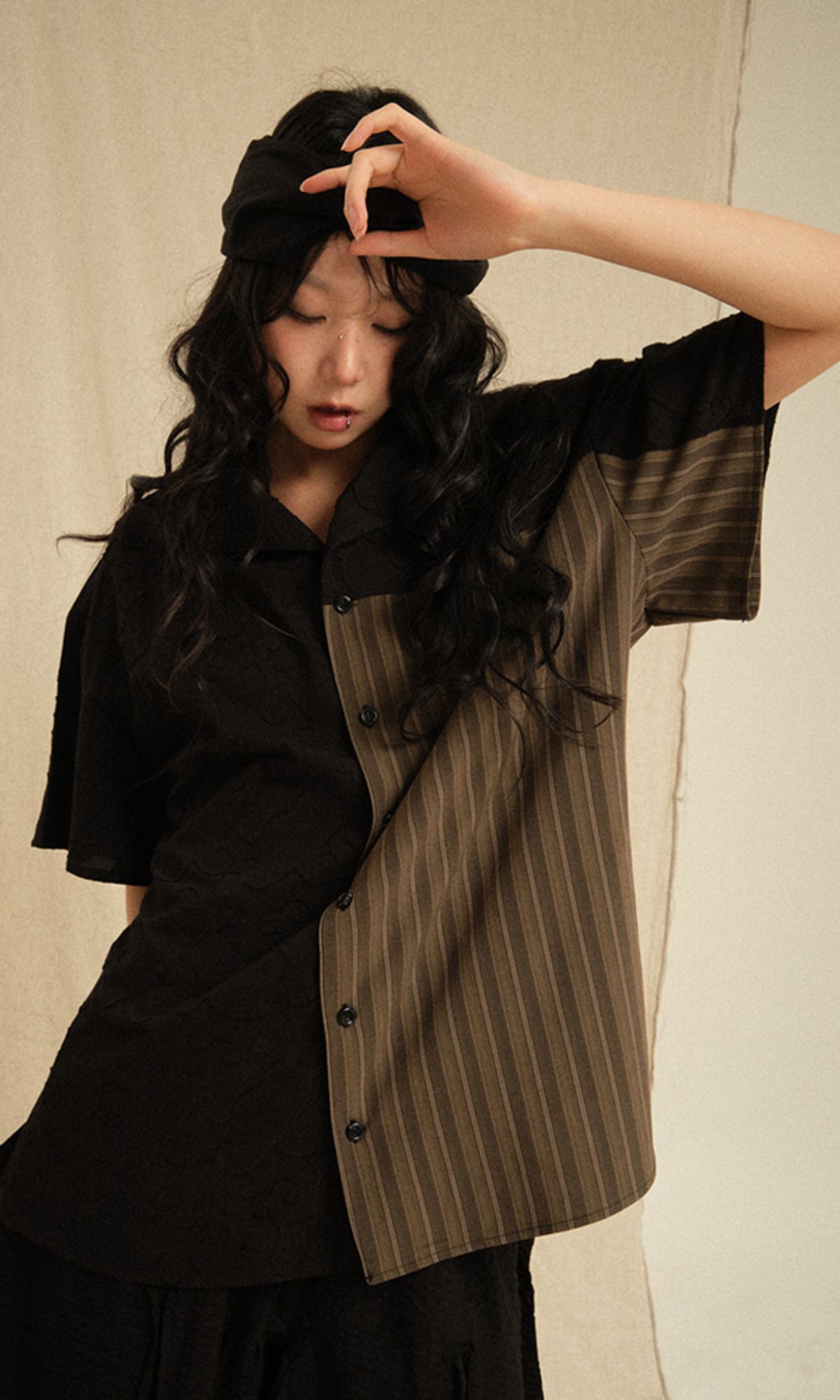 레큘리(RECULER) Ethnic Coloring Open Collar Shirts Black (Ver. 26ss)