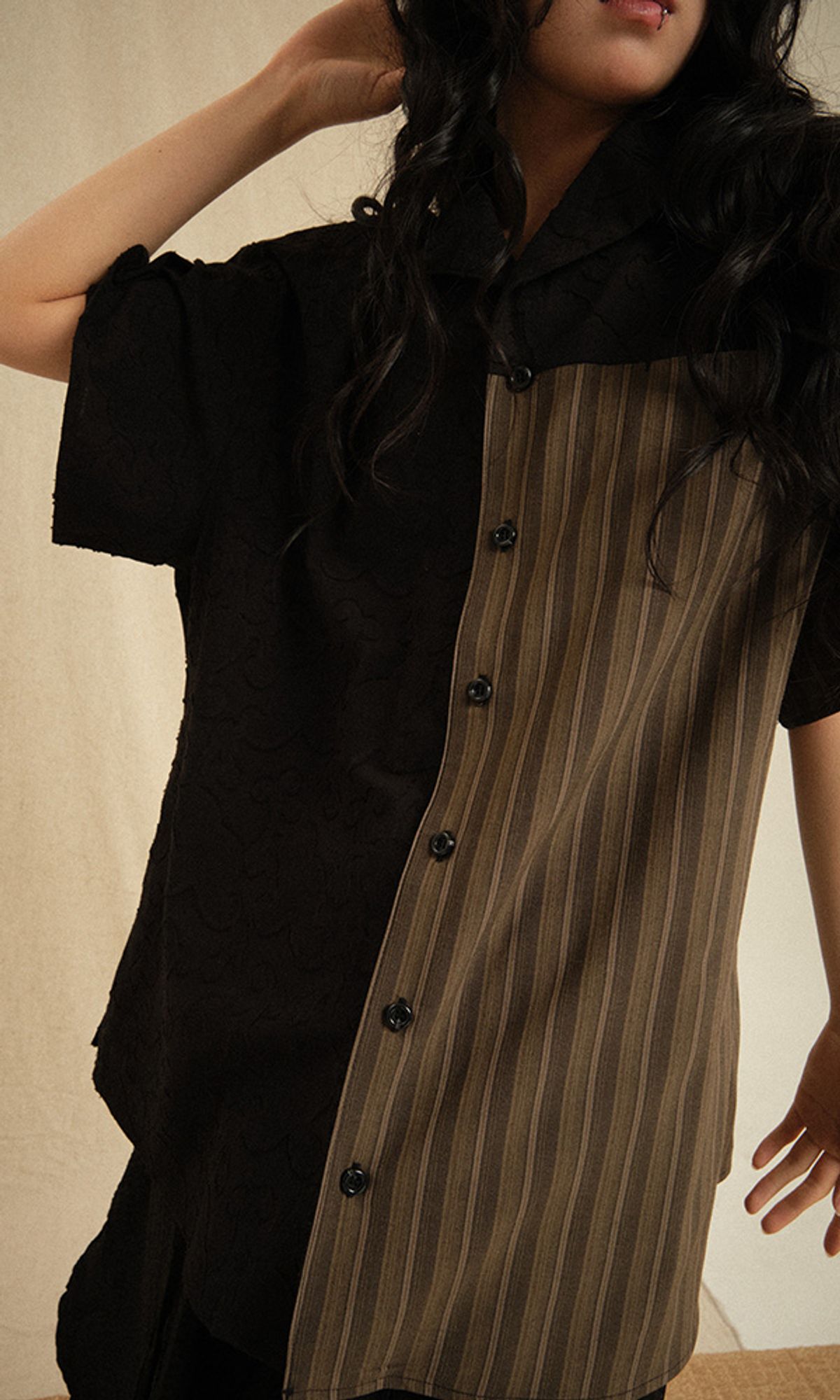 레큘리(RECULER) Ethnic Coloring Open Collar Shirts Black (Ver. 26ss)