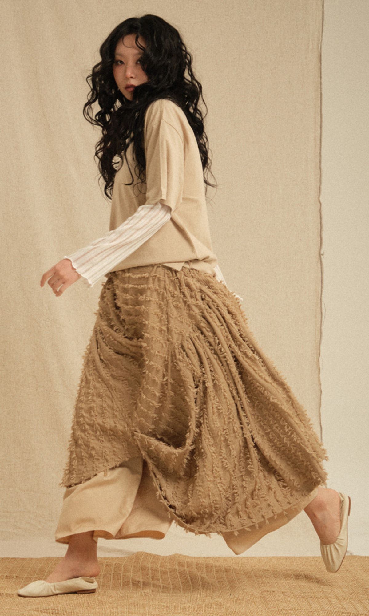 레큘리(RECULER) Ethnic drape long skirt Beige